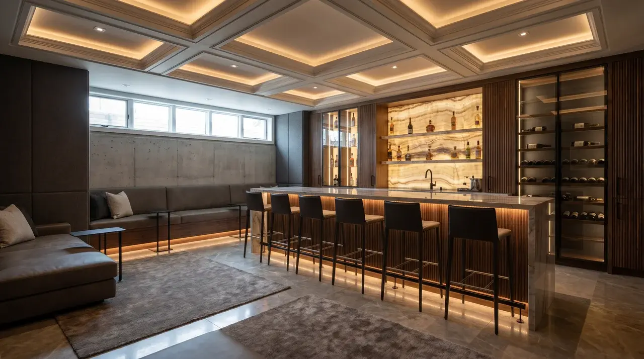 Basement bar area with seating and elevated windows