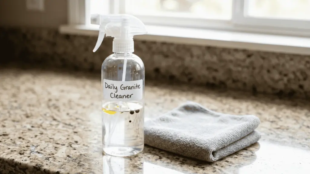 Spray bottle with daily granite cleaner ingredients on a granite countertop with microfiber cloth.