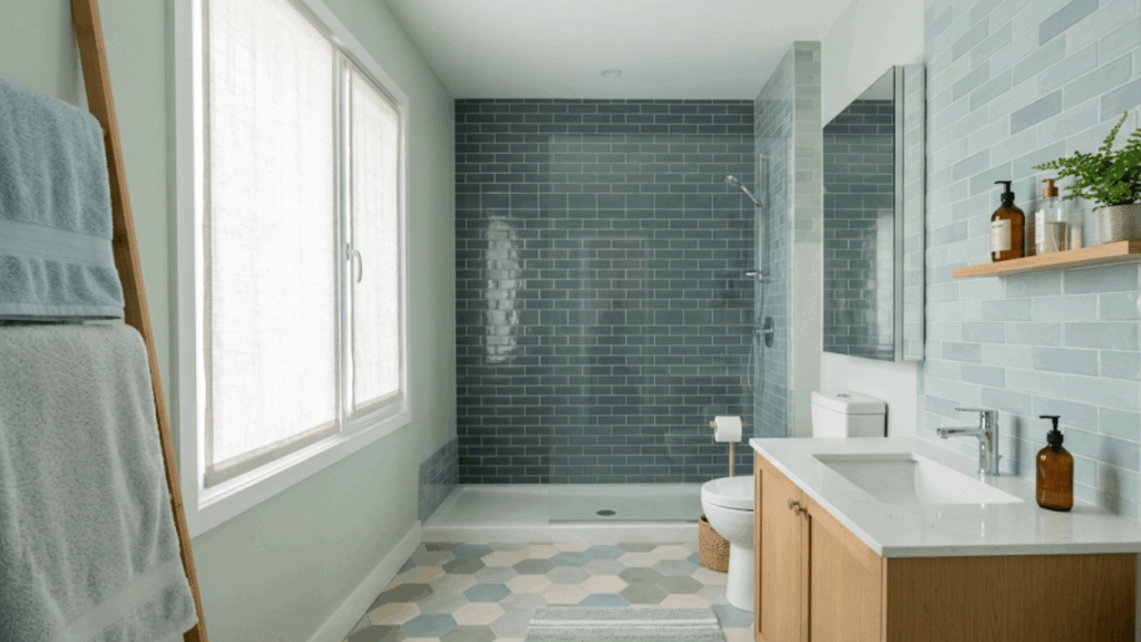 Bathroom with soft blue and green tones on tiles, walls and decor showing analogous color design idea