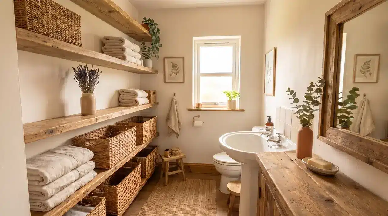 Full cottagecore bathroom with wicker baskets, plants, wooden shelves, and linen towels
