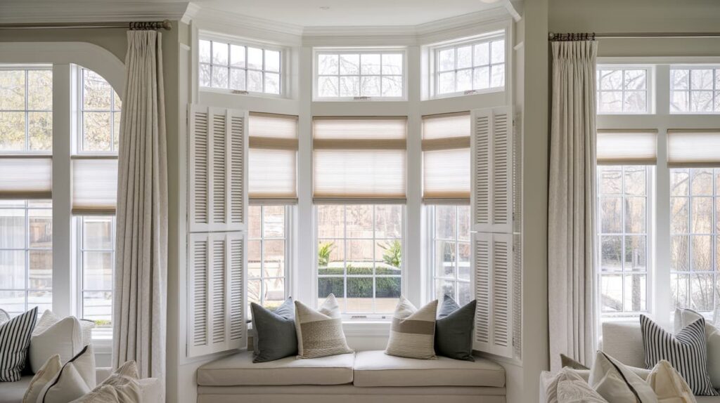 bay window seating with shades and shutters showing types of window coverings and energy efficient window coverings