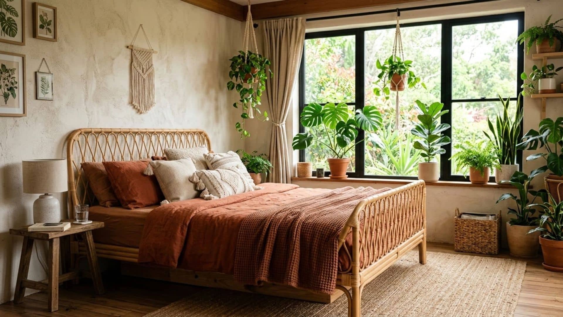 bed in front of window surrounded by indoor plants with terracotta bedding in a cozy boho style bedroom