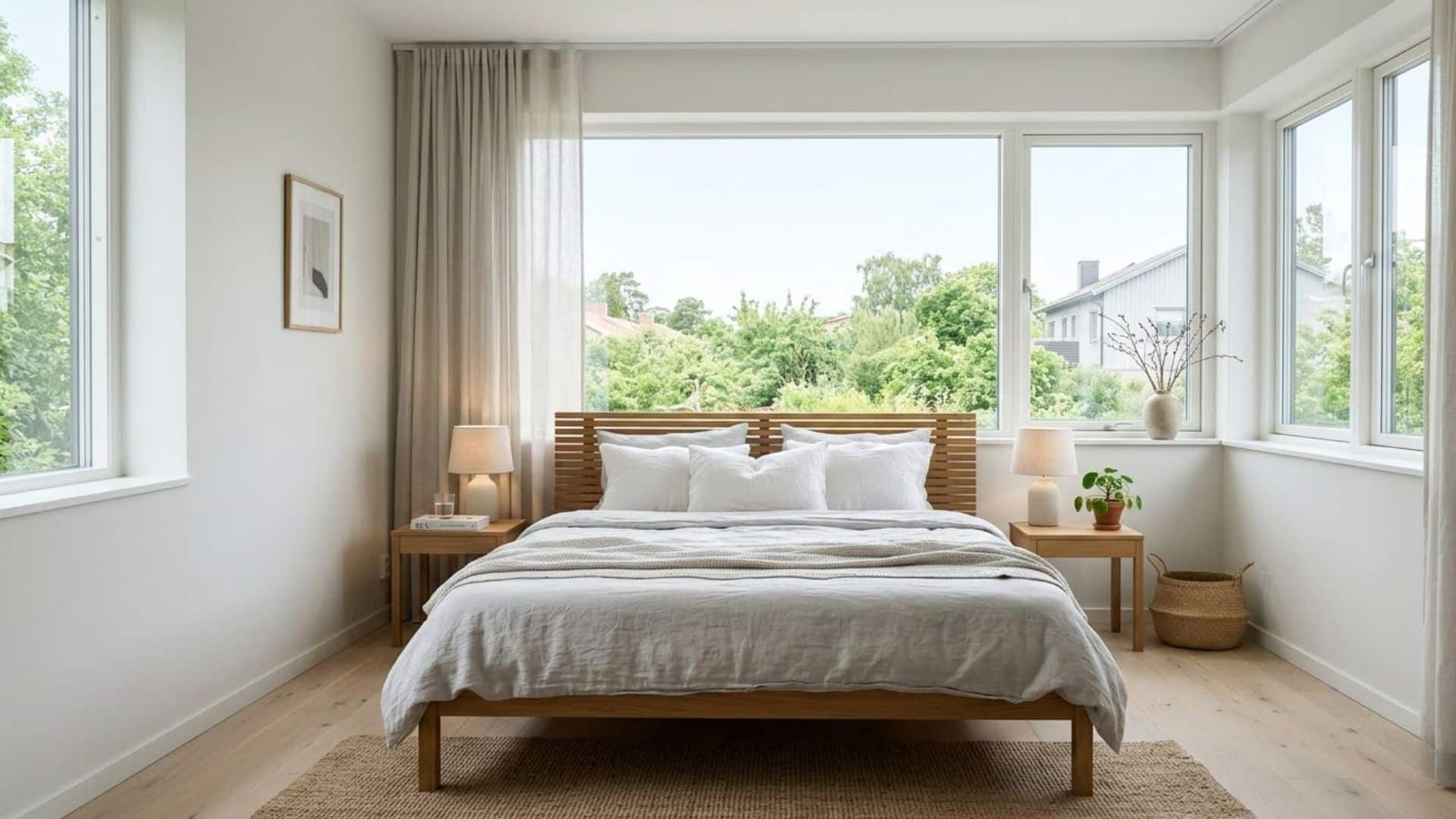 bed in front of window with a low wooden headboard in a bright scandinavian bedroom