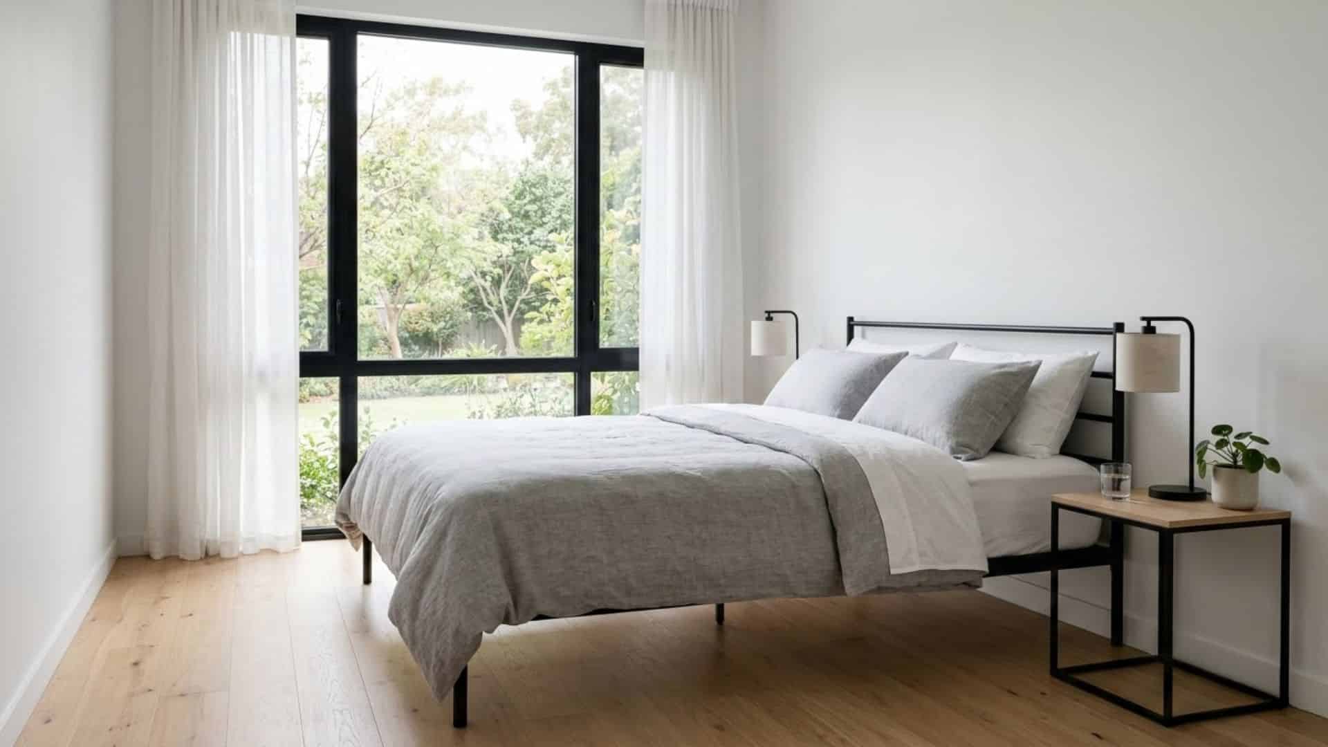 bed in front of window with a simple metal bed frame and light gray bedding in a minimalist bedroom