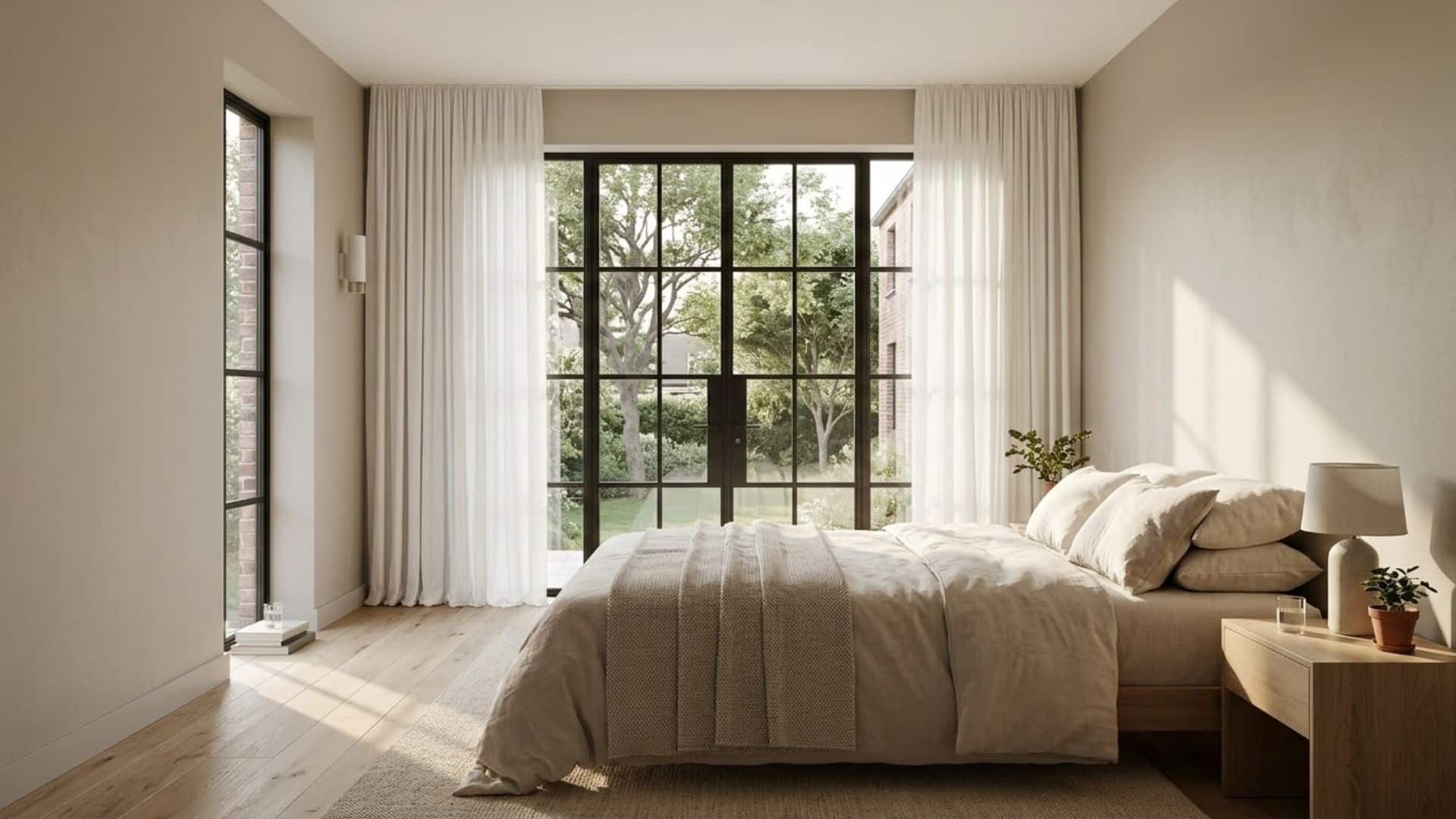 bed in front of window with floor to ceiling white curtains and beige bedding in a modern bedroom