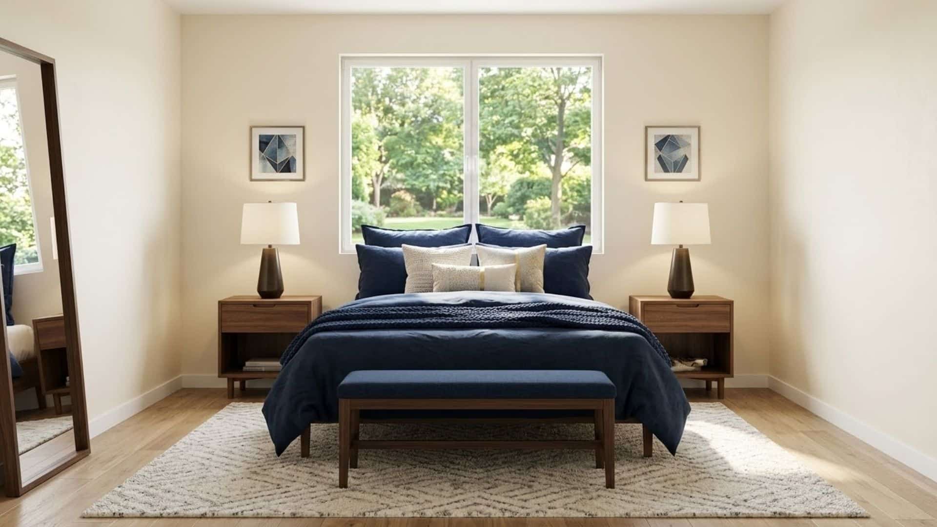 bed in front of window with matching nightstands and navy bedding in a balanced bedroom layout