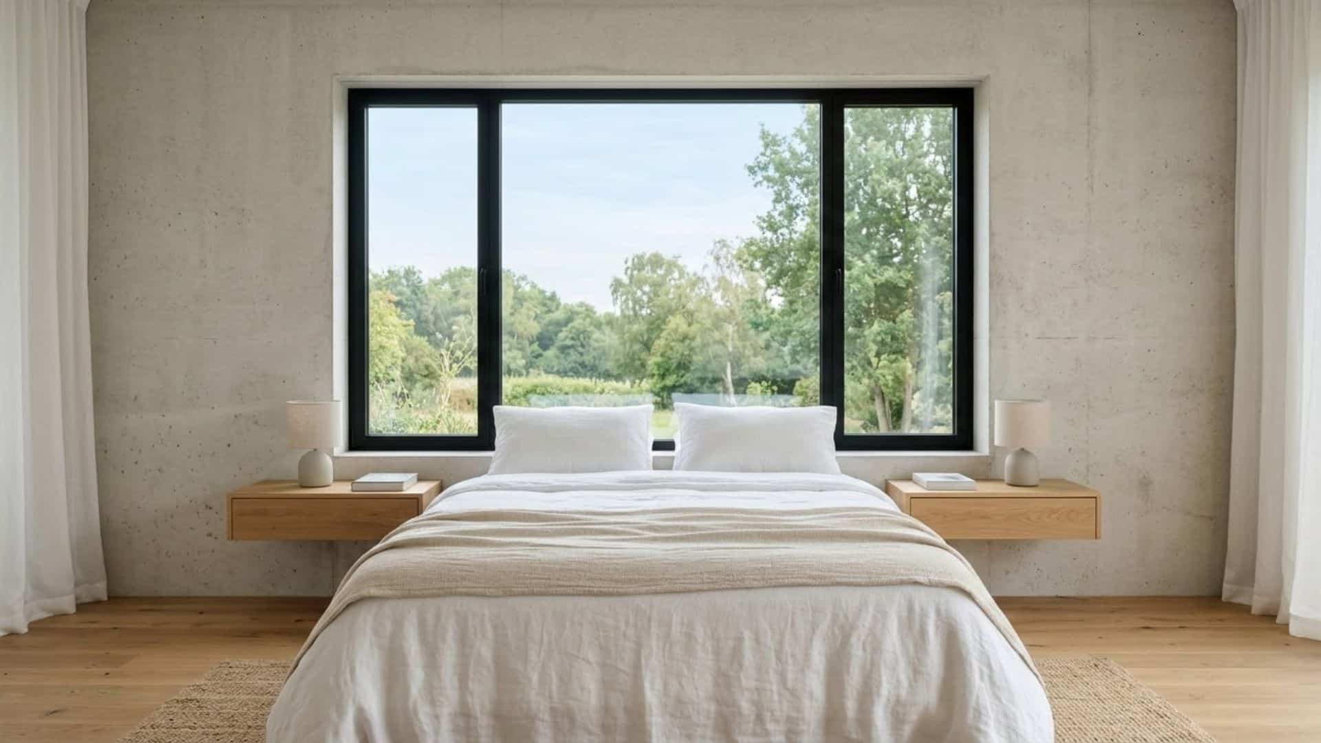 bed in front of window with minimalist white bedding and black framed window acting as natural headboard in a modern bedroom