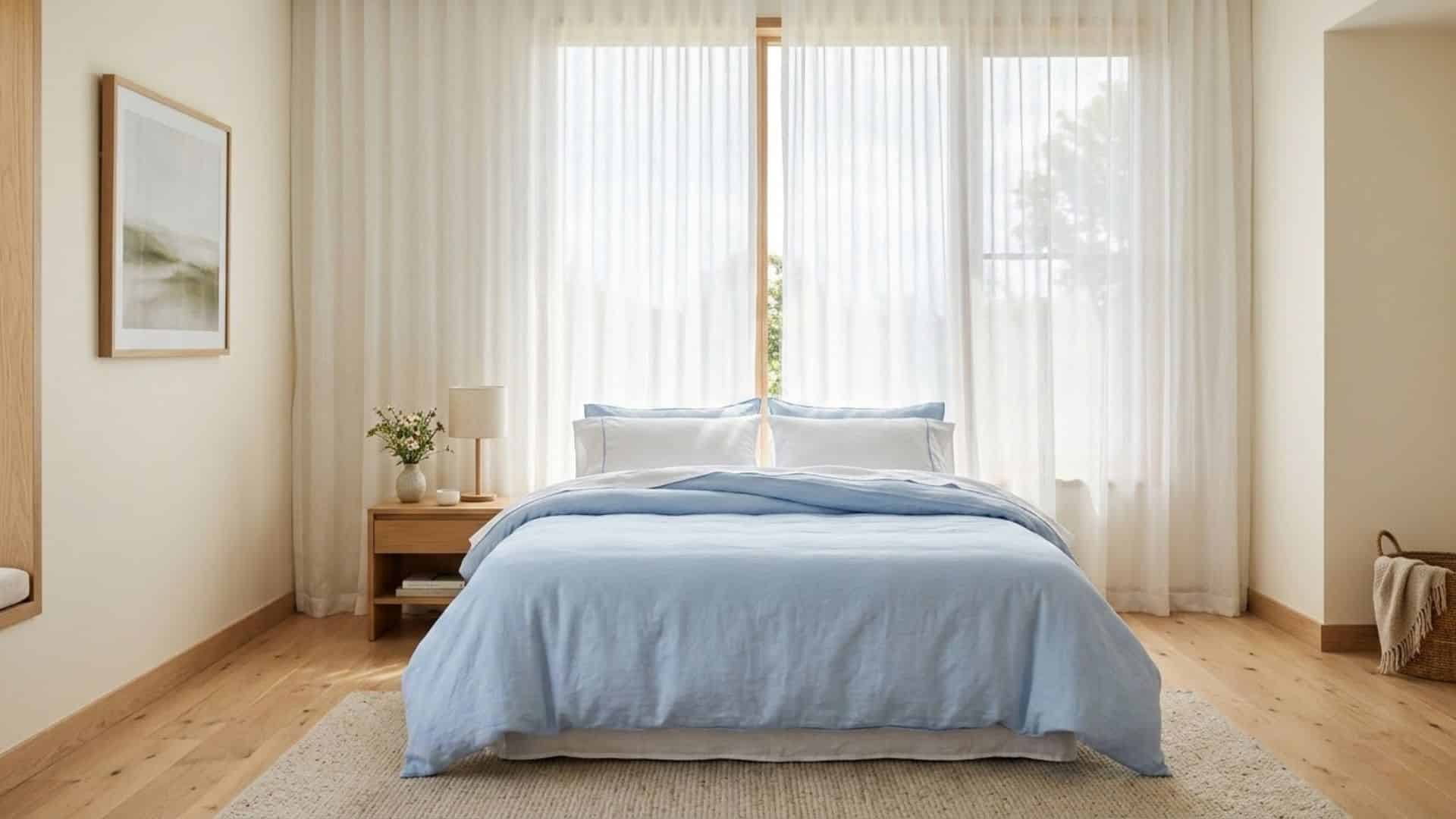 bed in front of window with sheer white curtains and soft blue bedding in a bright bedroom