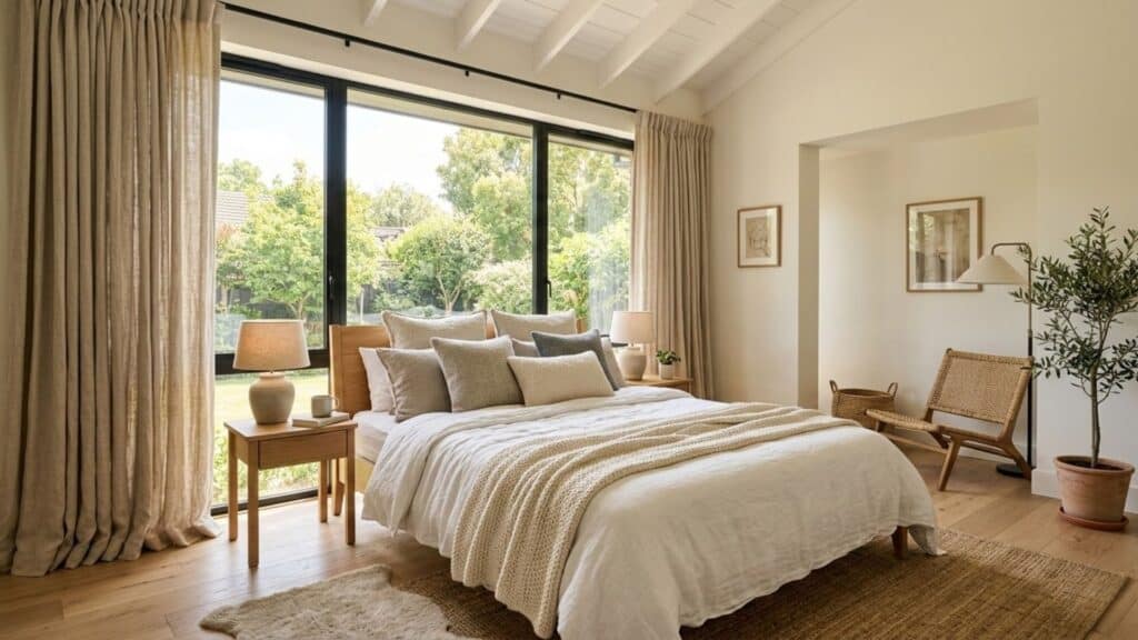 bed in front of window with soft neutral bedding and floor to ceiling curtains in a bright modern bedroom interior