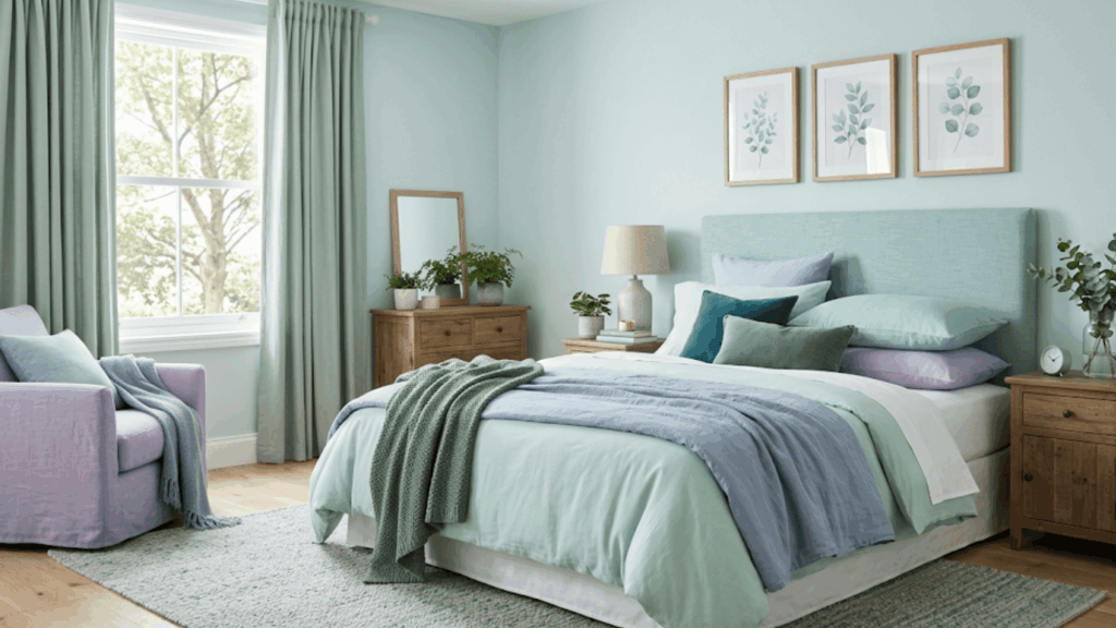 Bedroom with soft blue and green tones on bedding, walls and decor showing analogous color design idea