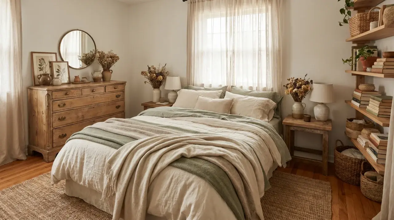 Full cottagecore bedroom with linen bedding, wooden furniture, dried flowers, and open shelving