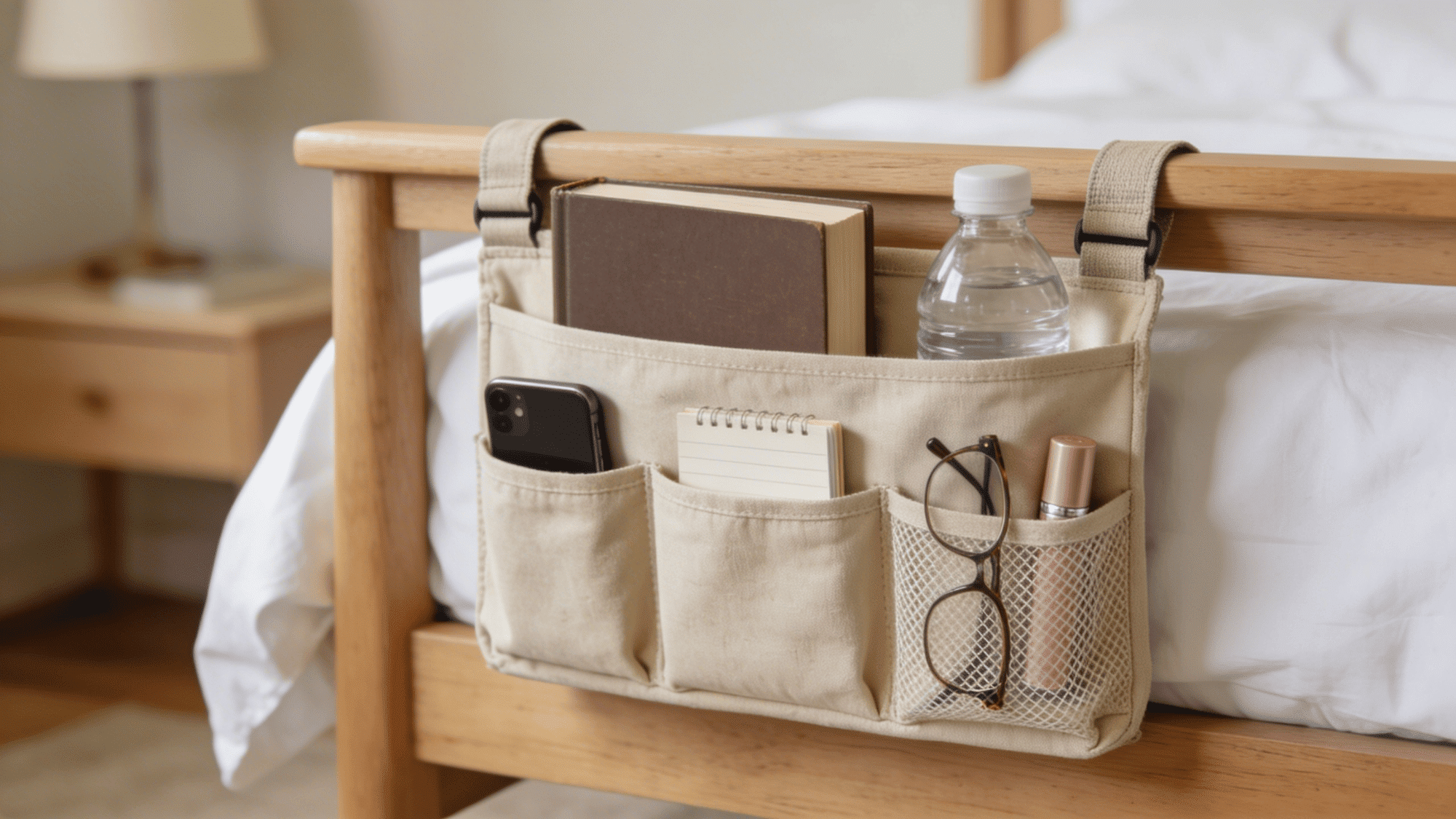bedside caddies hold phone book glasses and essentials to keep bedroom neat and items easy to reach