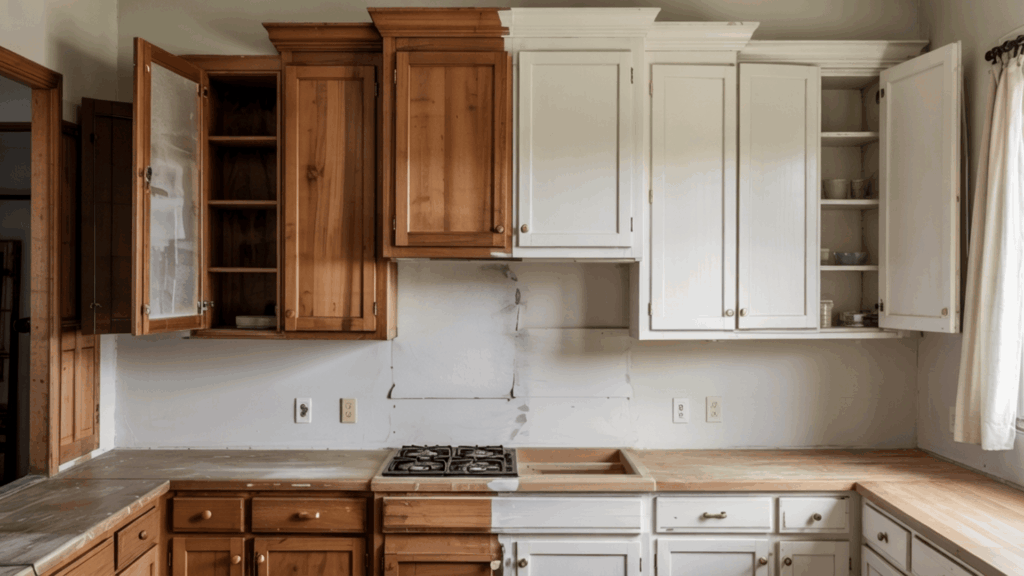 Kitchen Cabinet Refinishing: Easy DIY Guide that Works before and after kitchen cabinet refinishing with wood cabinets transformed into white cabinets and open storage space