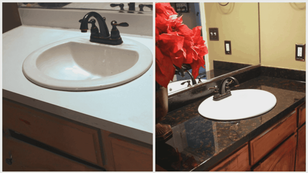 before and after vanity basin upgrade showing resurface laminate countertops
