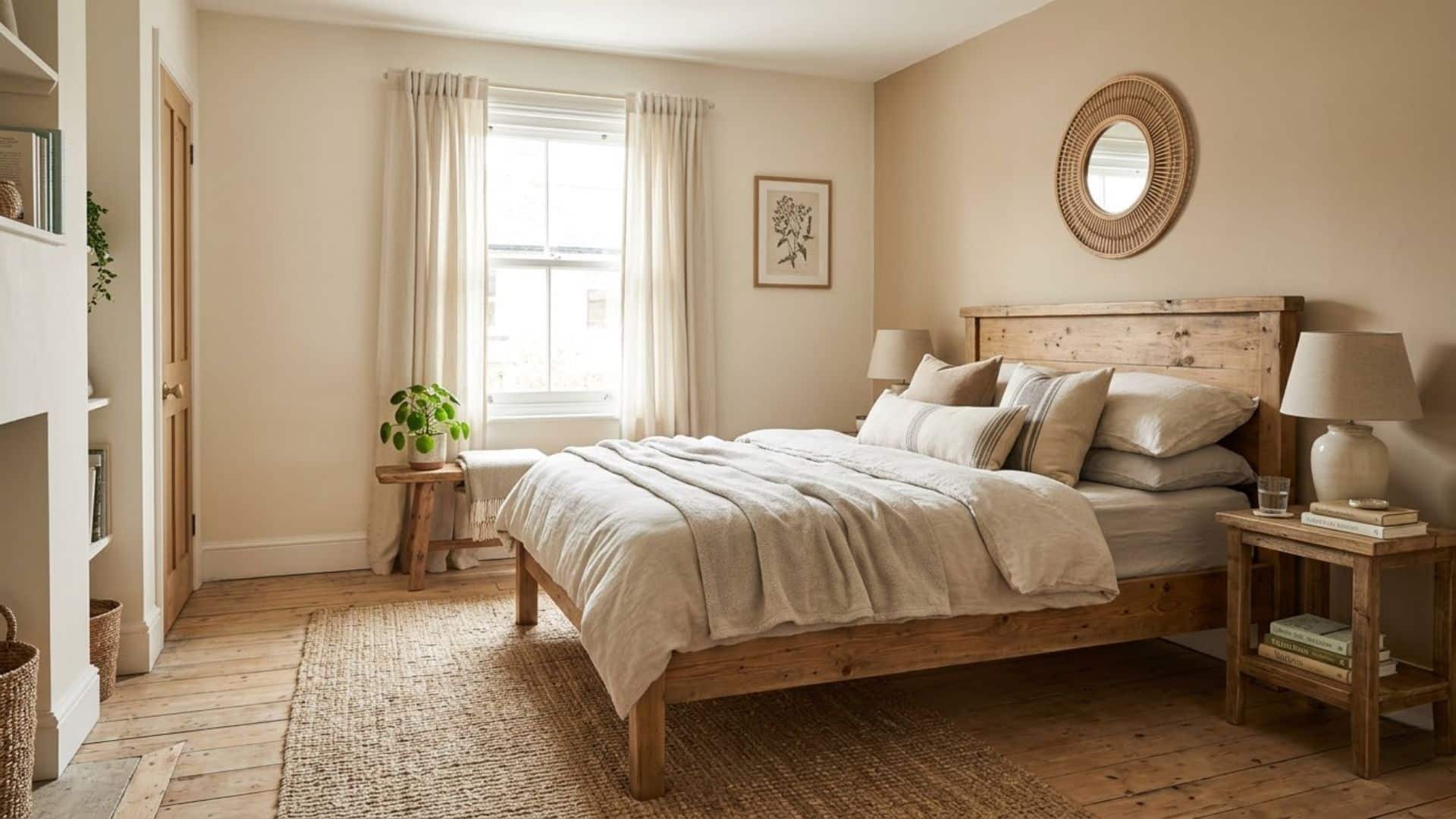 beige and cream bedroom with wooden bed linen bedding woven rug warm neutral walls cozy relaxing bedroom design