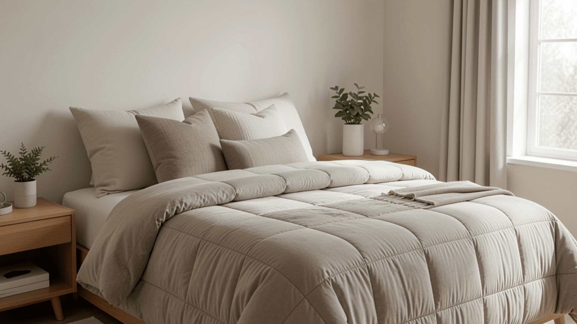beige comforter on bed with layered pillows and folded throw creating soft warm and cozy bedroom