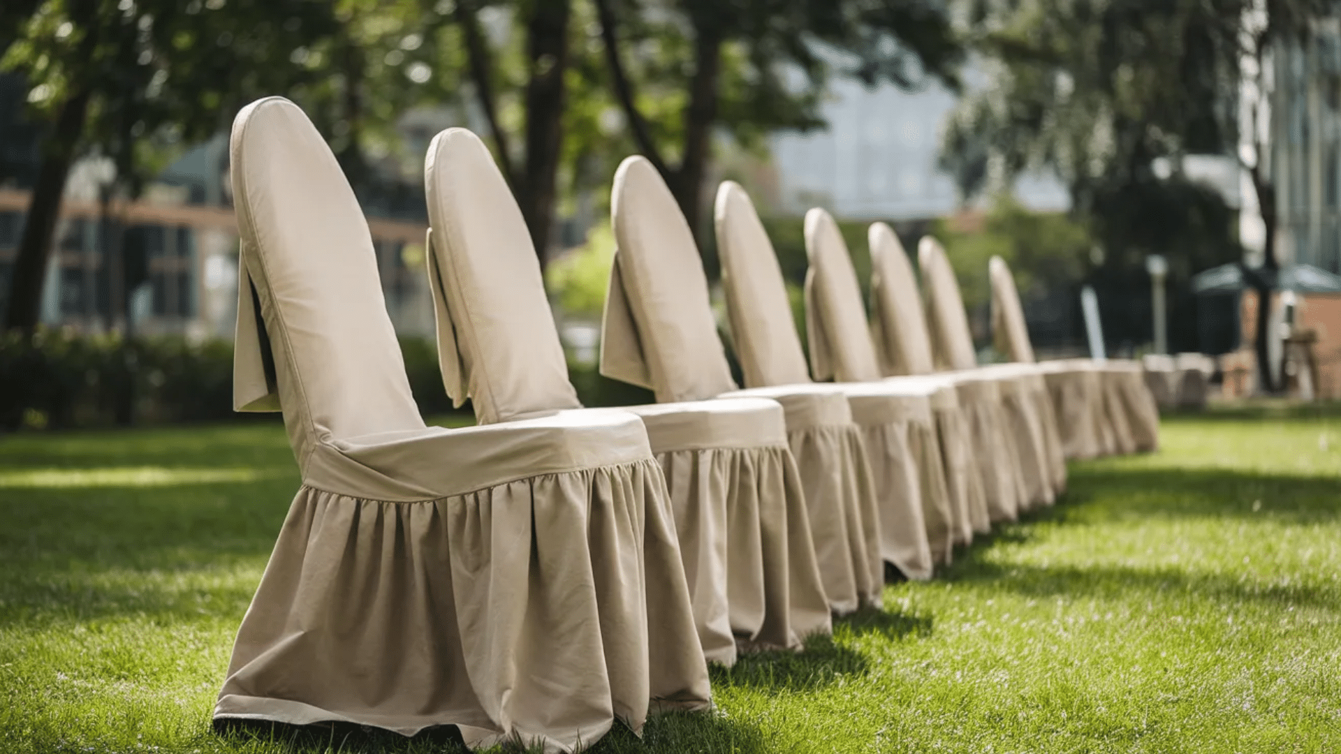 beige covered outdoor chairs arranged in garden row