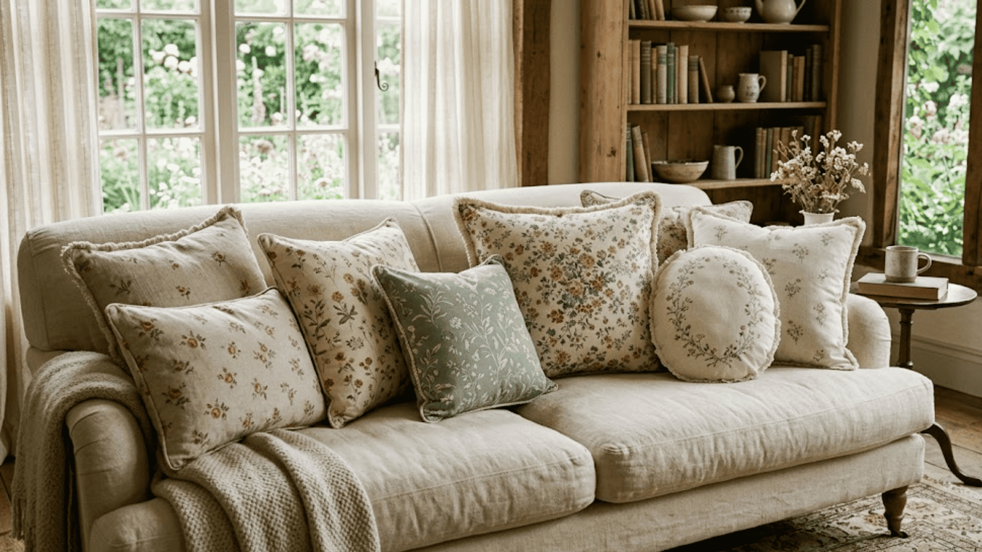 beige sofa with floral pillows in cozy living room near window soft light warm farmhouse decor