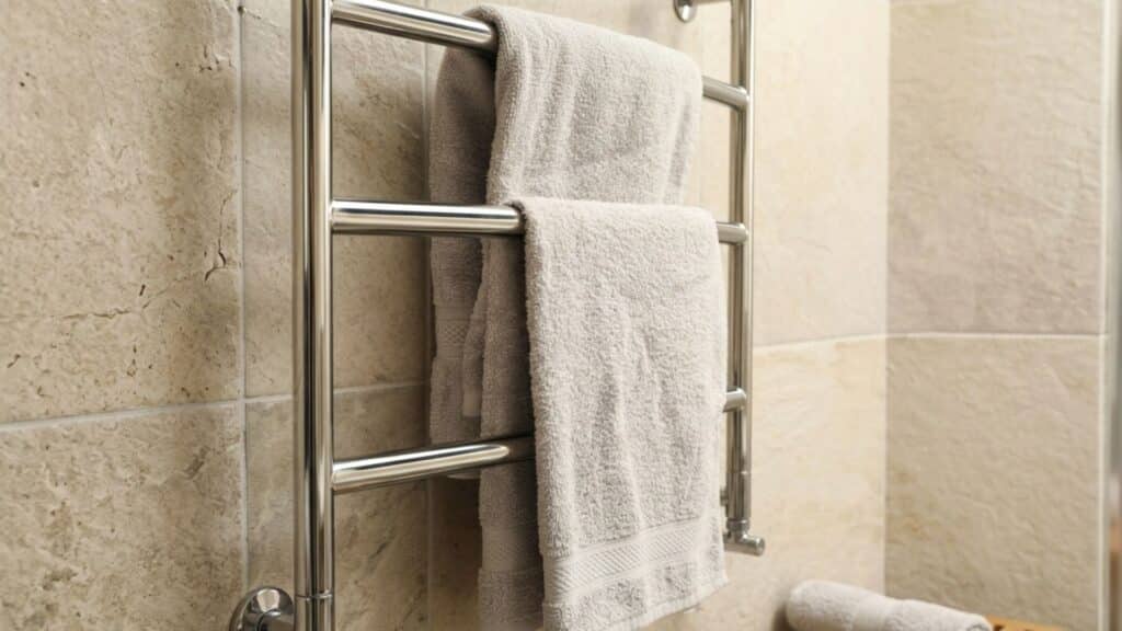 beige towel hanging on a shiny metal heated rack mounted on a textured stone bathroom wall with warm lighting