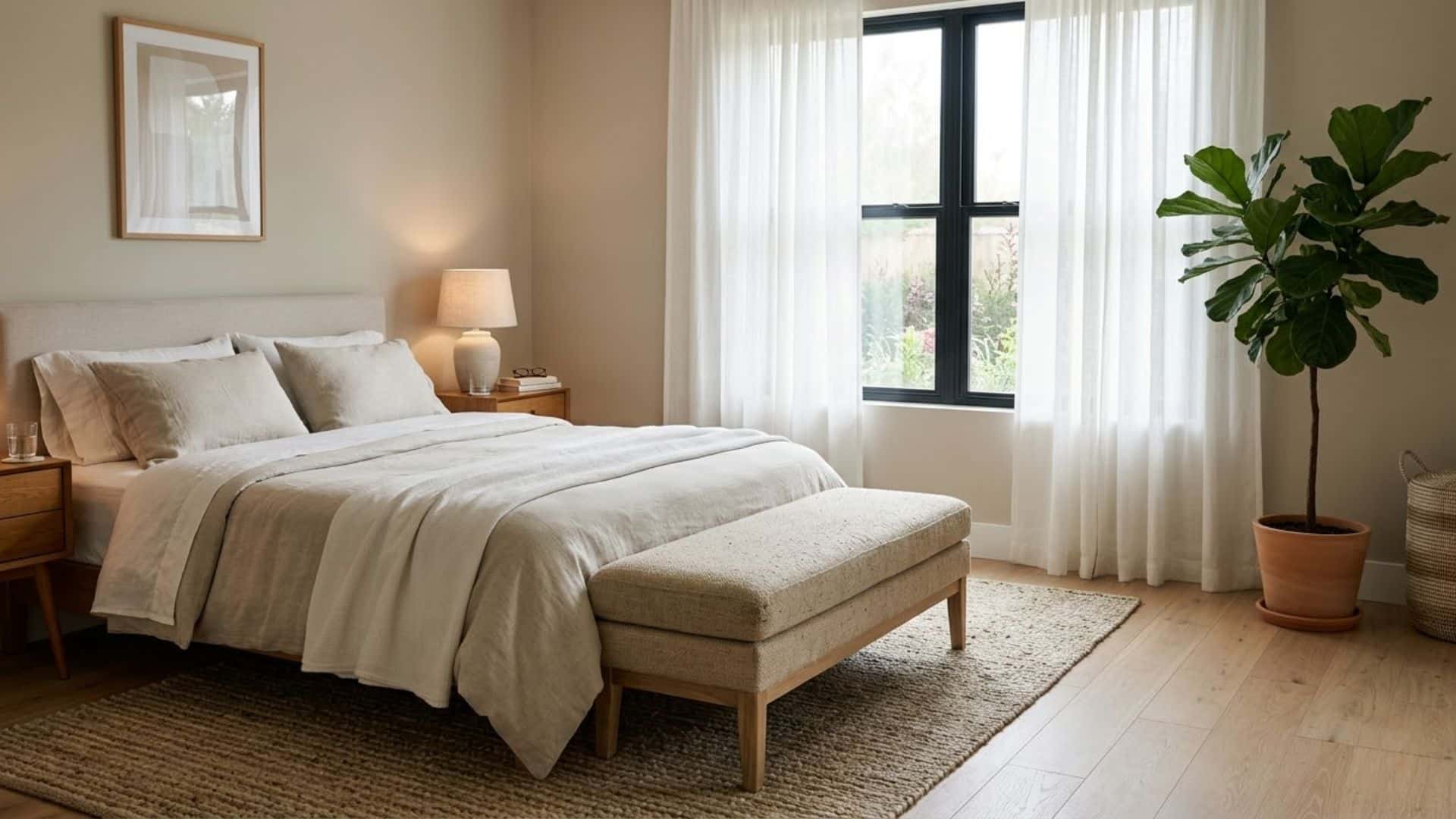 bench at foot of bed in front of window with neutral bedding and soft light balanced bedroom layout idea