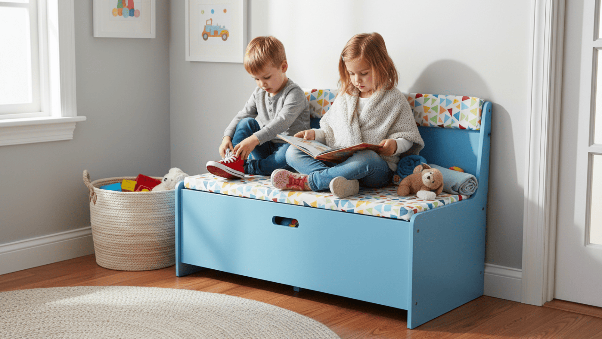 bench storage seating with hidden space for kids toys and books in clean and organized playroom setup