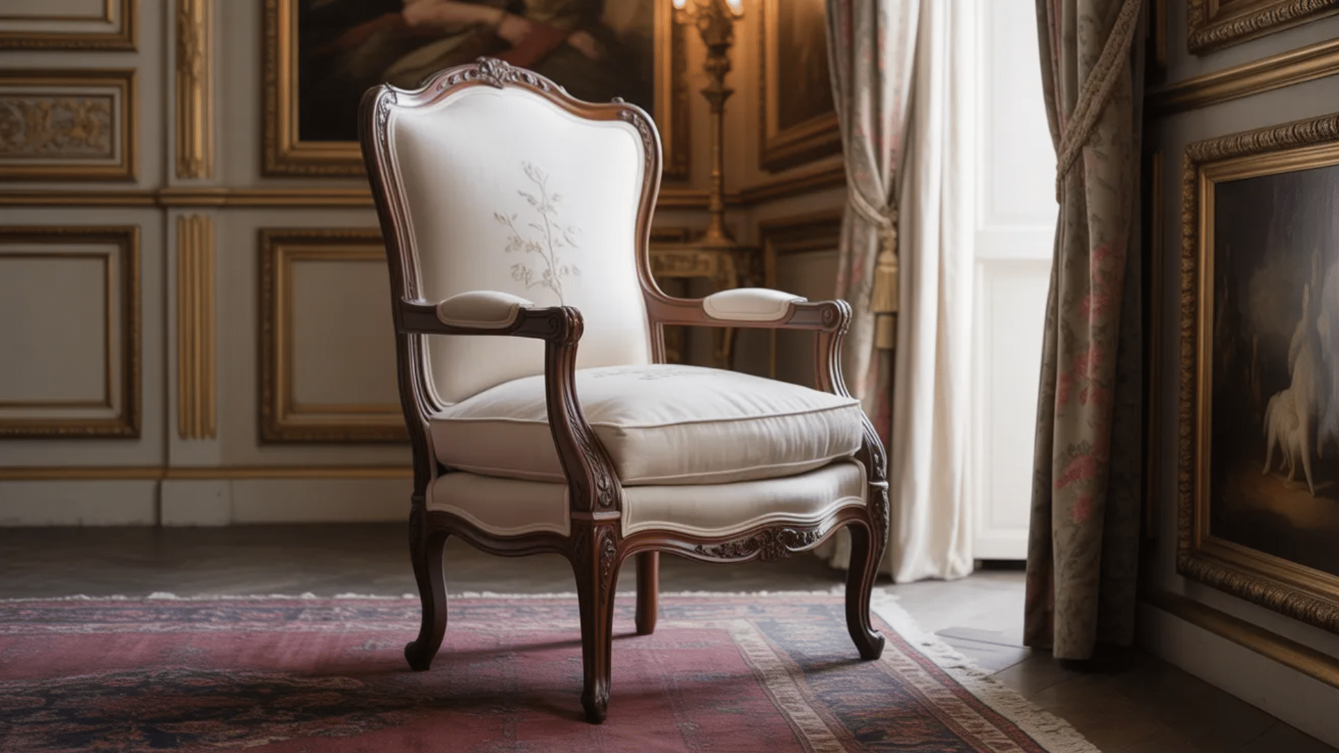 bergere chair with upholstered seat exposed wooden frame and elegant classic french inspired furniture style