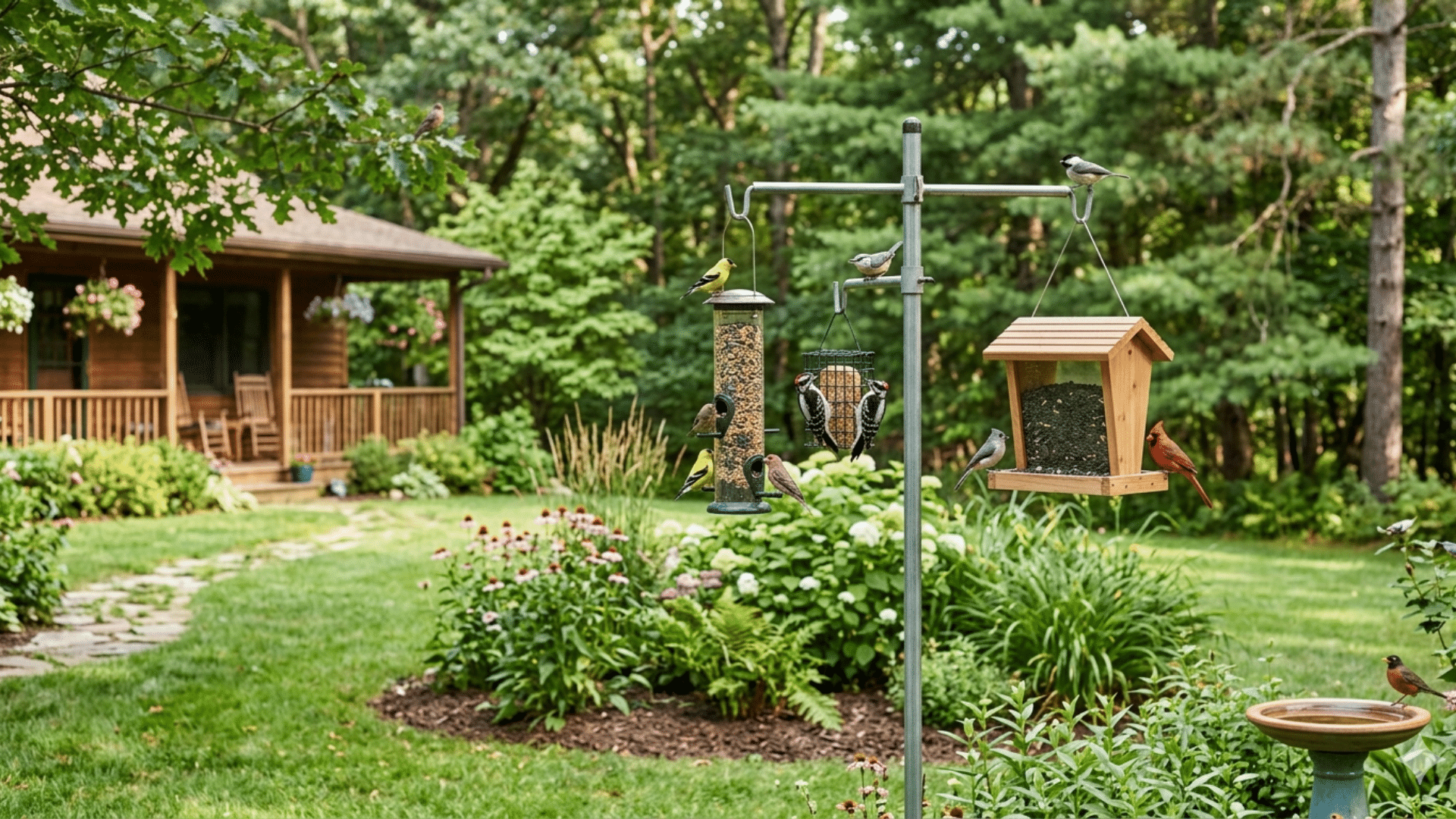 bird feeders in garden attracting many birds nearby