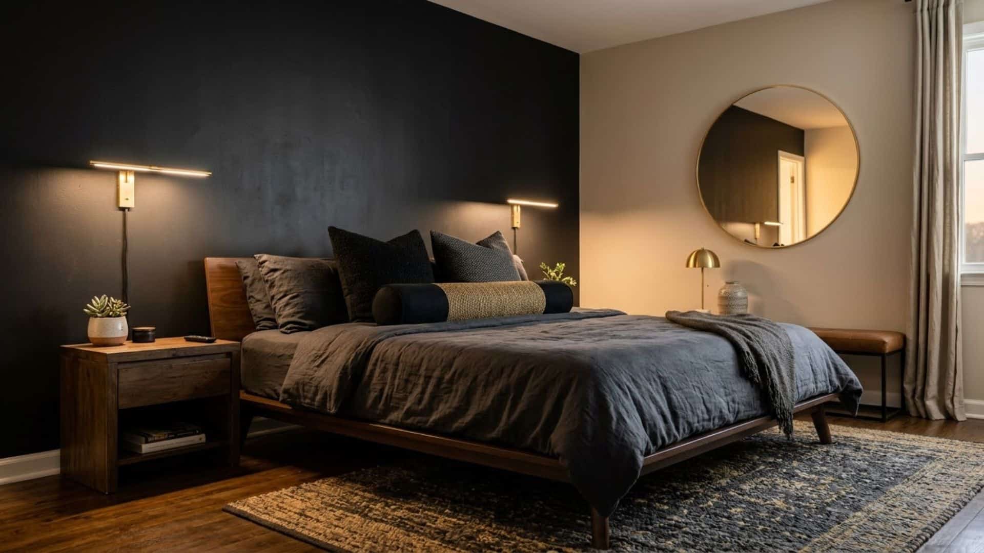 black accent wall bedroom with gold lighting dark bedding nd modern luxurious bedroom interior