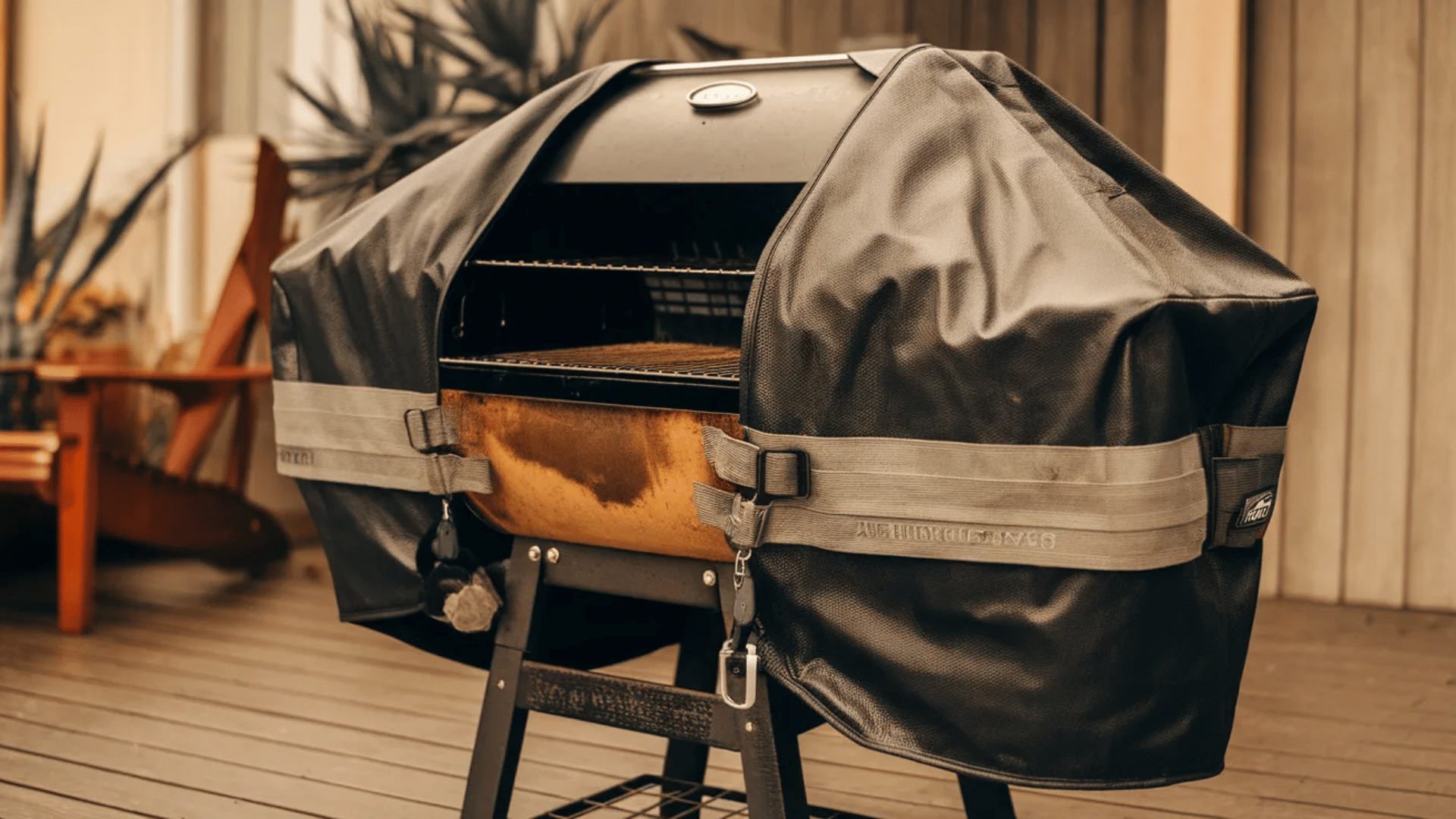 black grill cover with straps on barbecue