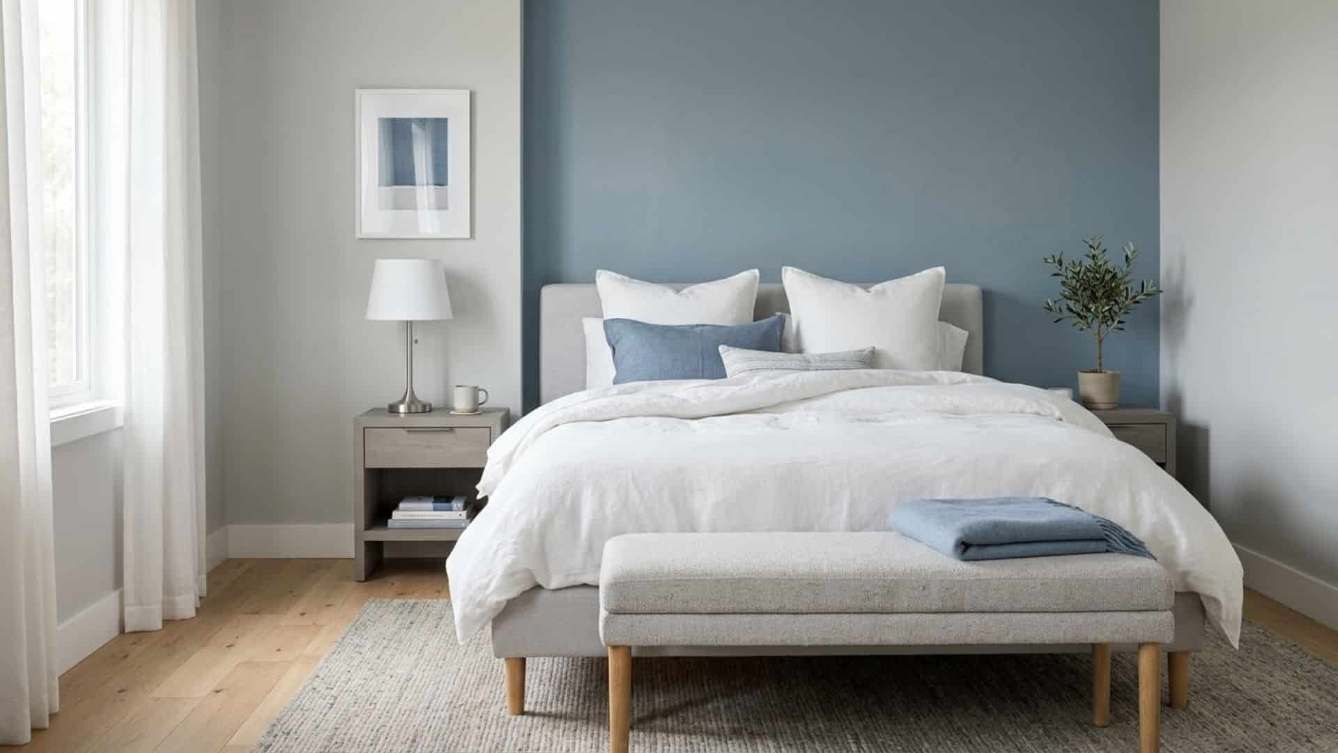 blue accent wall bedroom with light gray walls white bedding silver lamp calm modern bedroom interior design