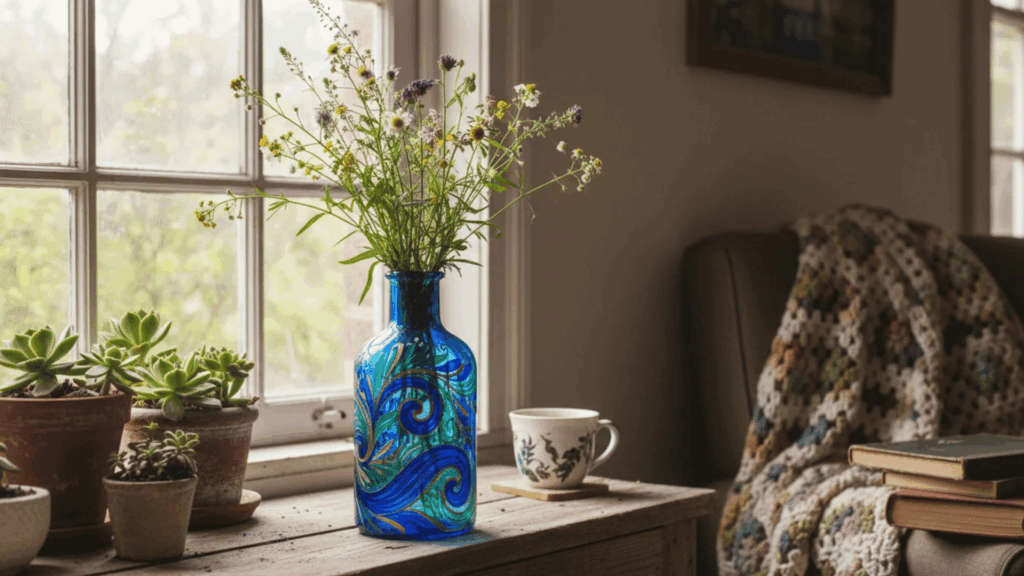 blue glass vase with wildflowers on windowsill beside plants and chair