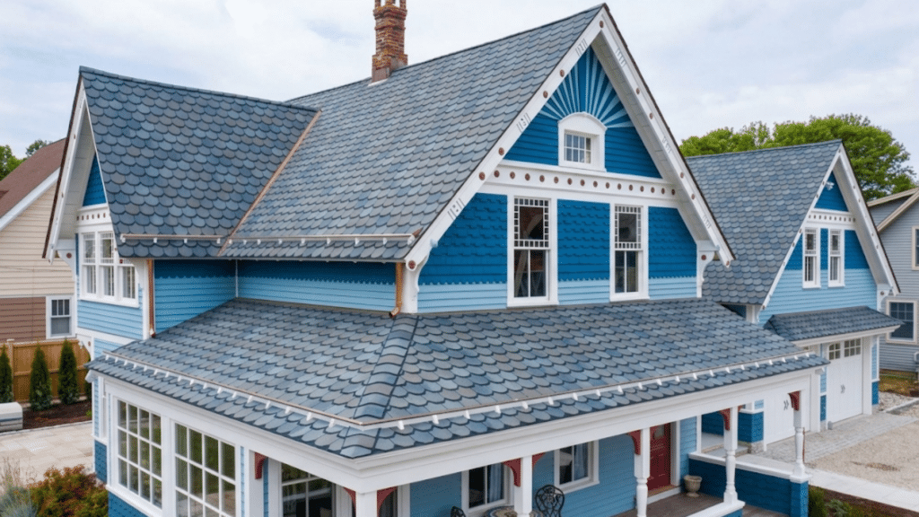 blue house with steep roof and dormers showing roof details and what is flashing on a house along edges and joints