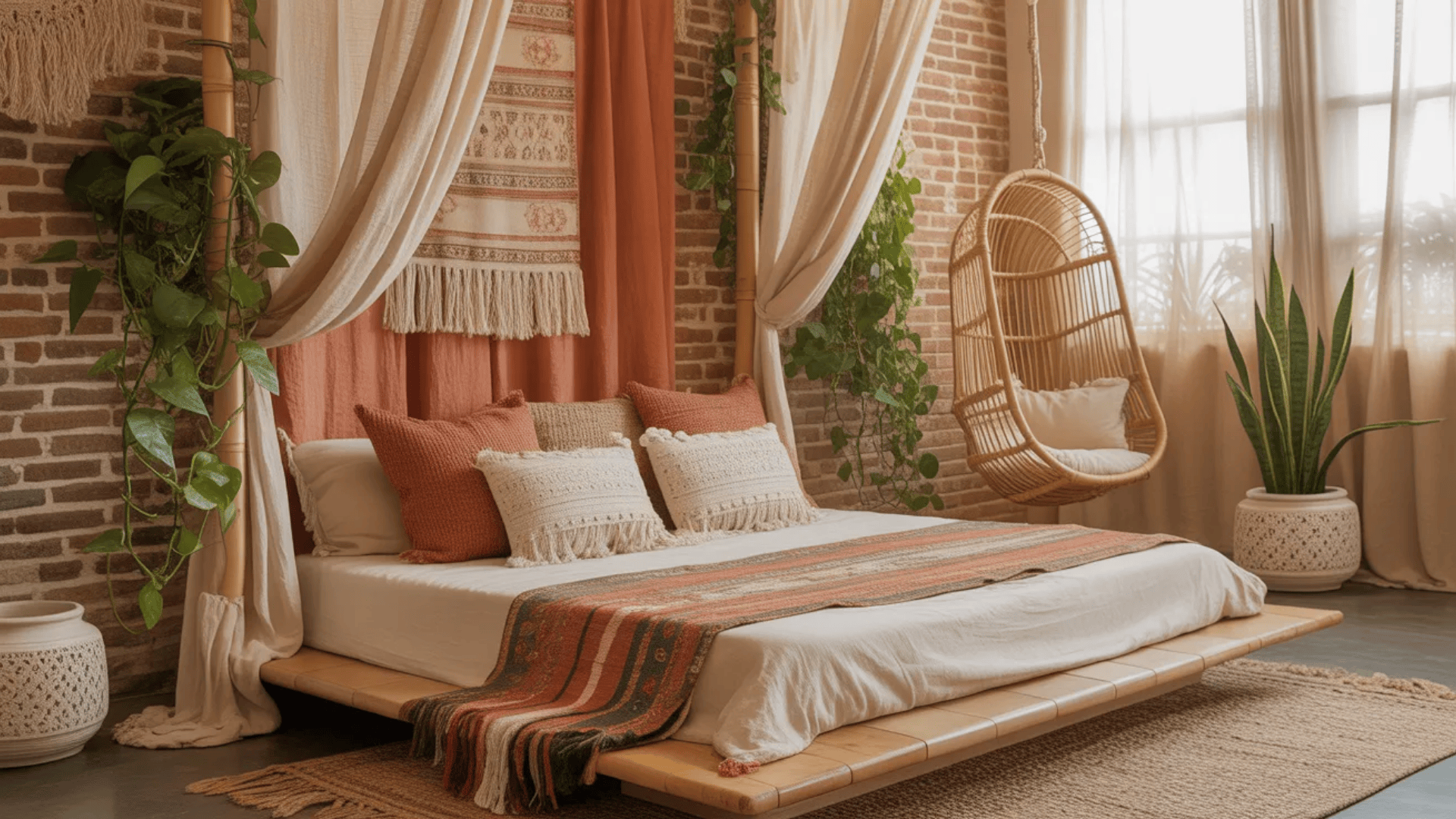 boho style bedroom with brick wall canopy bed woven swing chair plants and warm tones creating cozy spare bedroom ideas for relaxing guest space