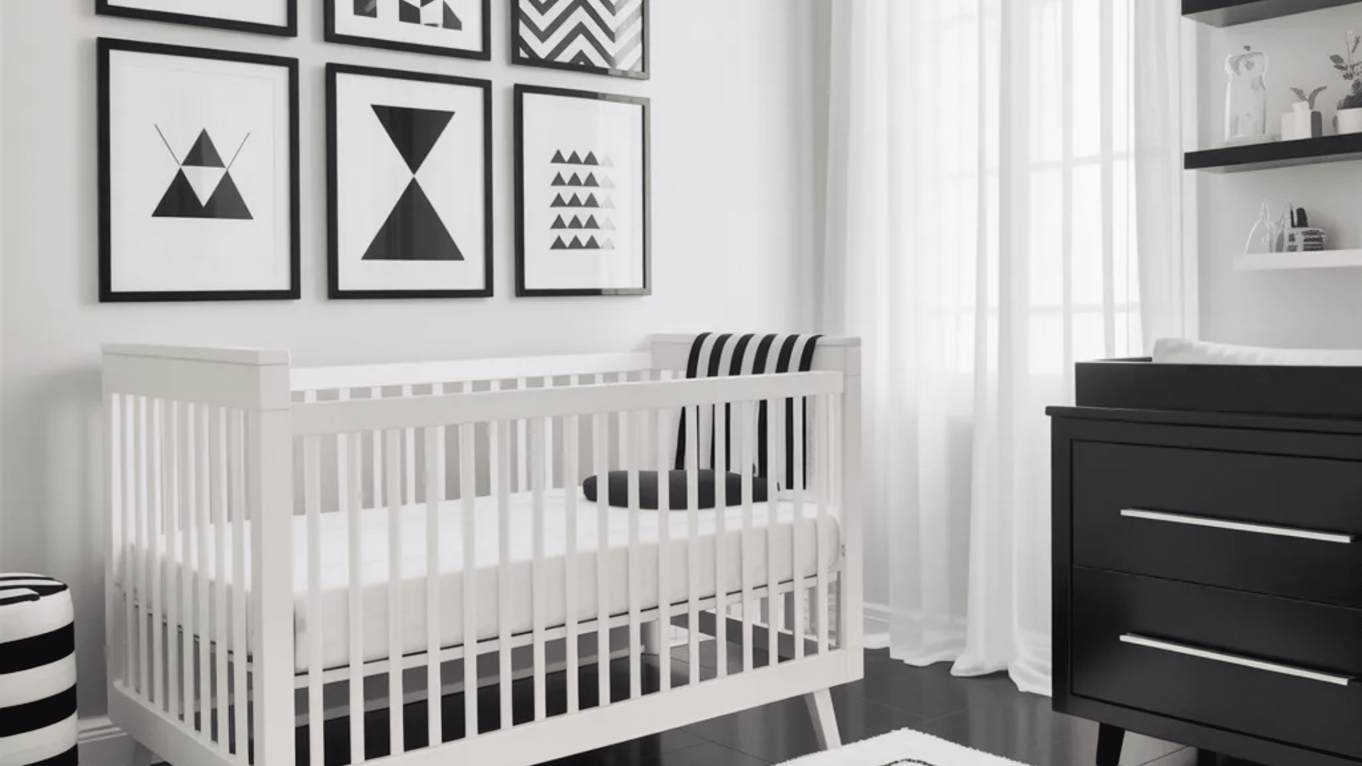 bold monochrome nursery ideas with black white wall art modern crib