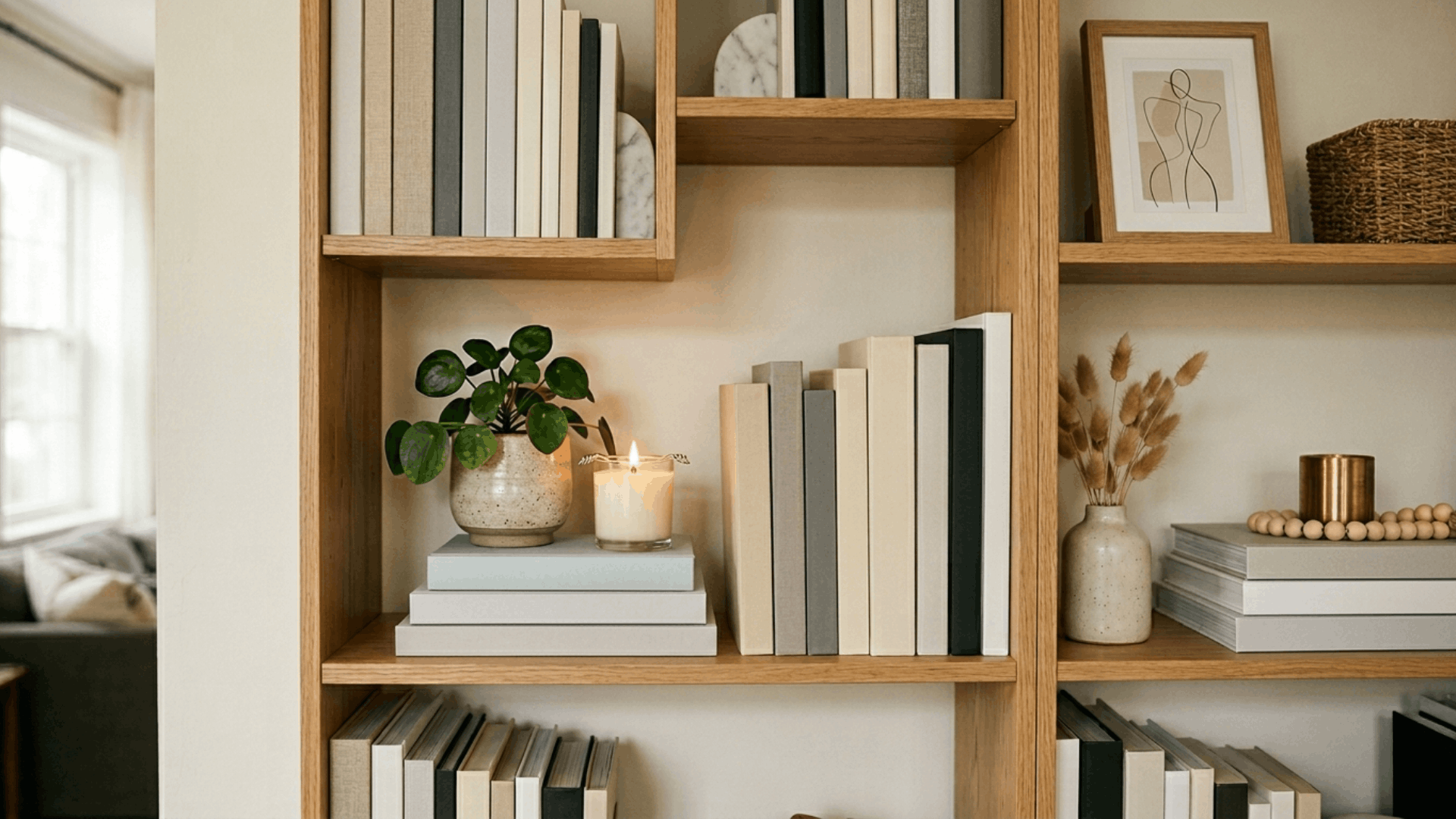 books stacked vertically and horizontally with candle and plant creating balanced and stylish shelf display (1)