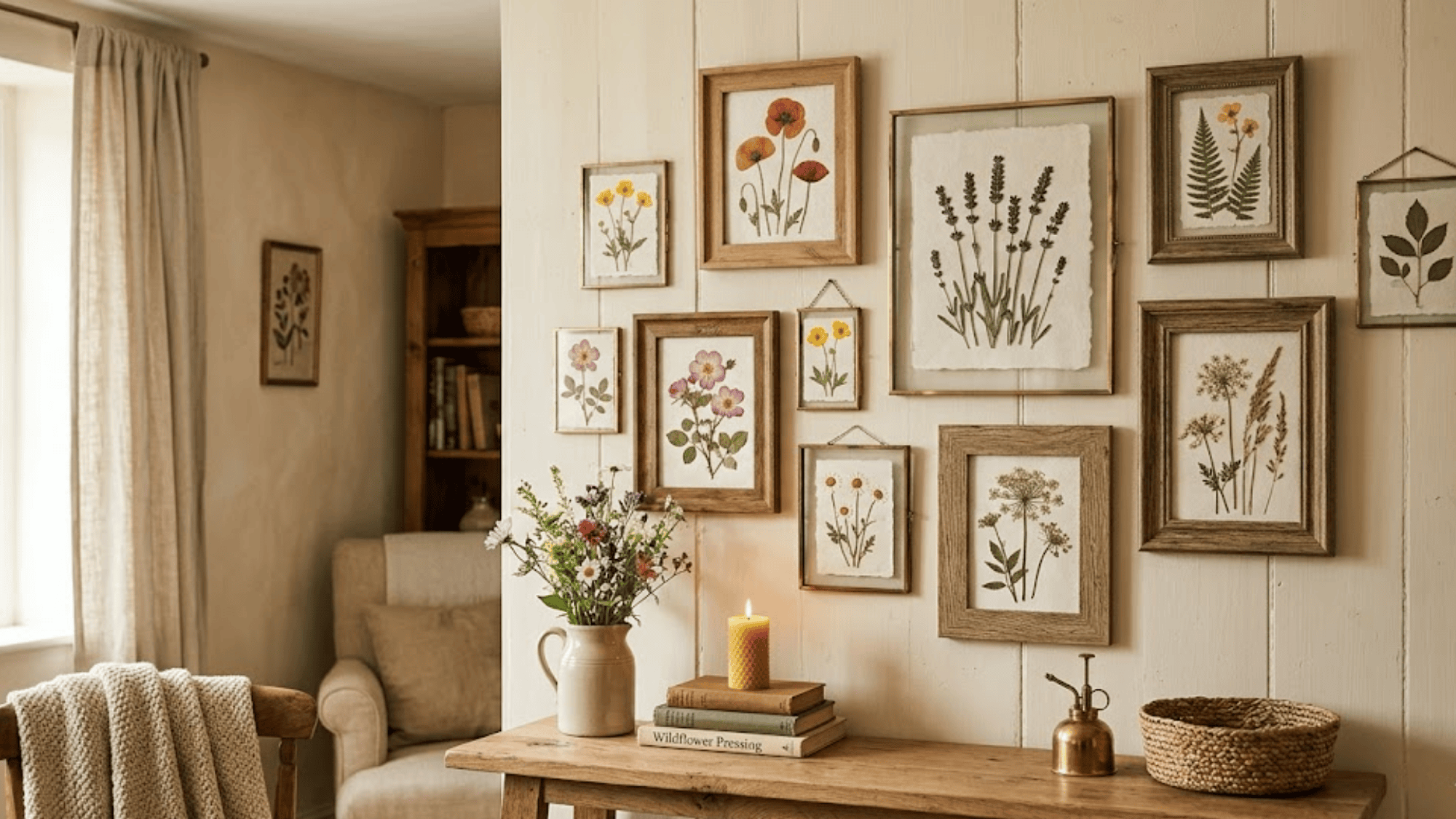 botanical gallery wall with framed floral prints above wooden table cozy rustic farmhouse decor