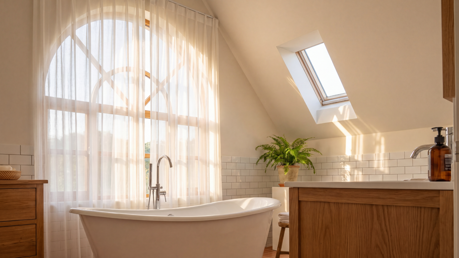 bright bathroom with a freestanding tub and tall window.