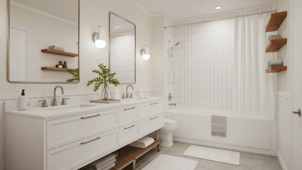 bright bathroom with double sink white cabinets tub shower and clean fresh design