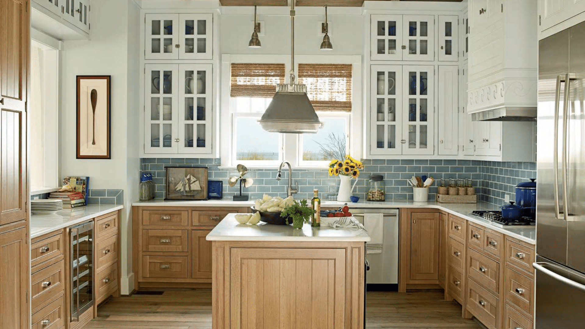 bright classic galley kitchen designs with wood island center