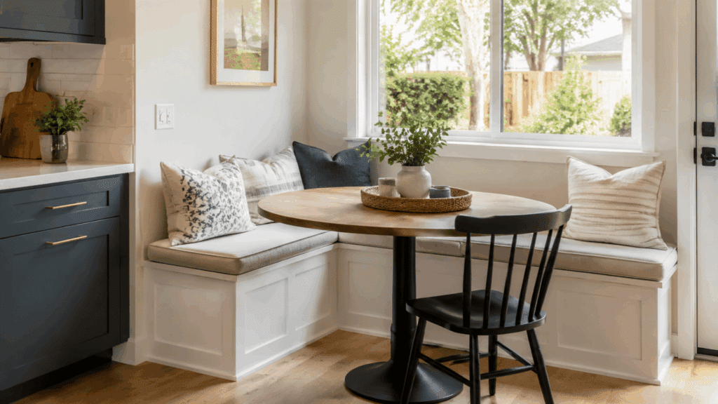 bright cozy breakfast nook with a round wooden table built in bench seating and a black chair by a sunlit window with cushions