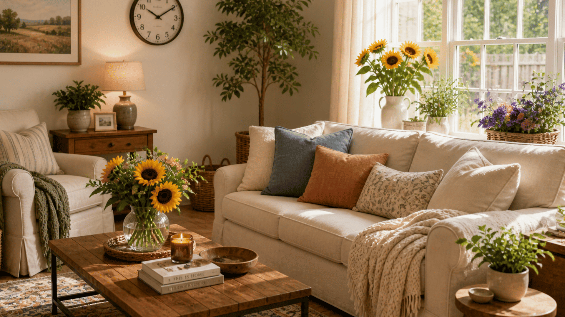 bright cozy farmhouse living room with sunflowers greenery soft sofa warm sunlight and small wall clock on wall