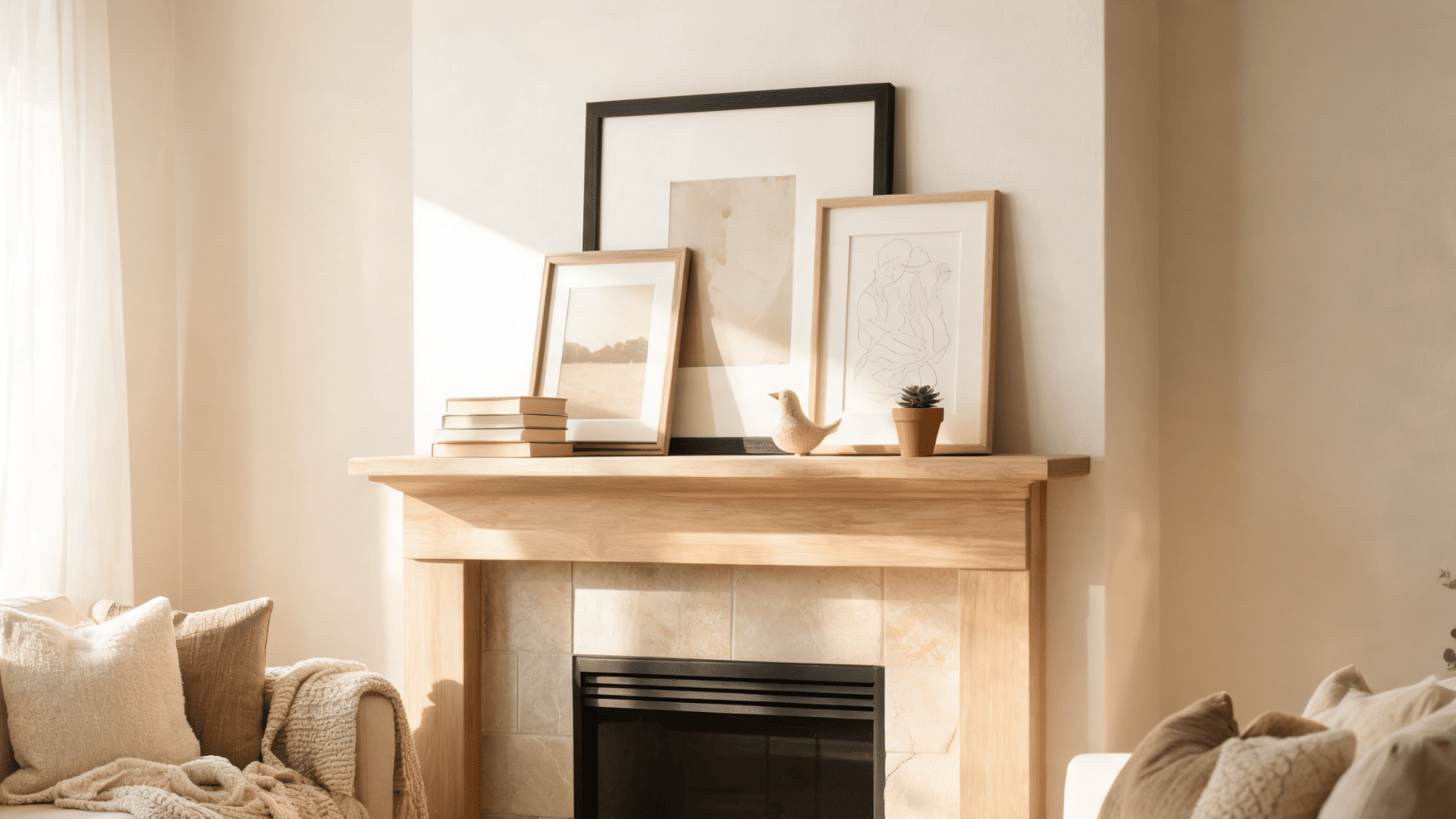 bright cozy living room with modern fireplace framed art soft neutral sofas and warm sunlight