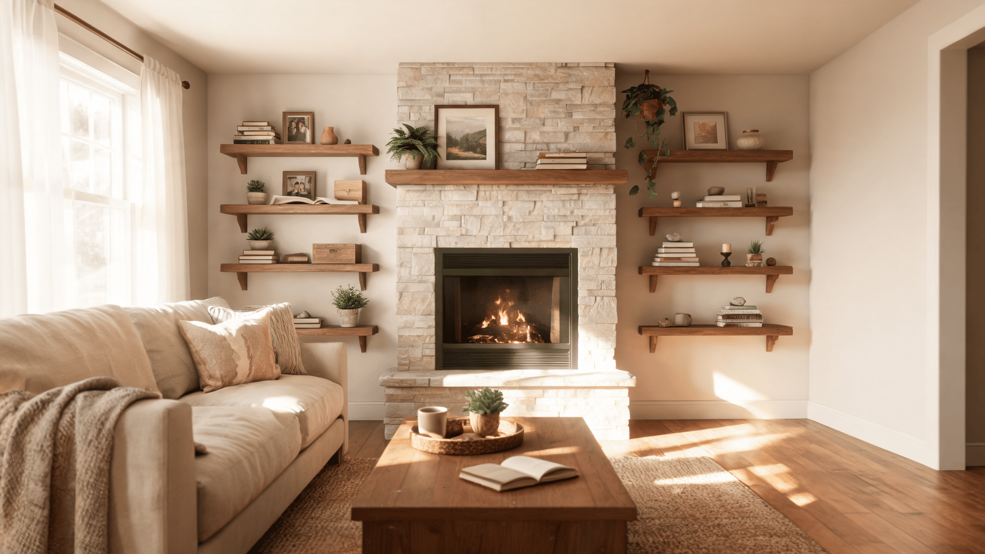 bright cozy living room with stone fireplace wooden shelves soft sofa and warm sunlight