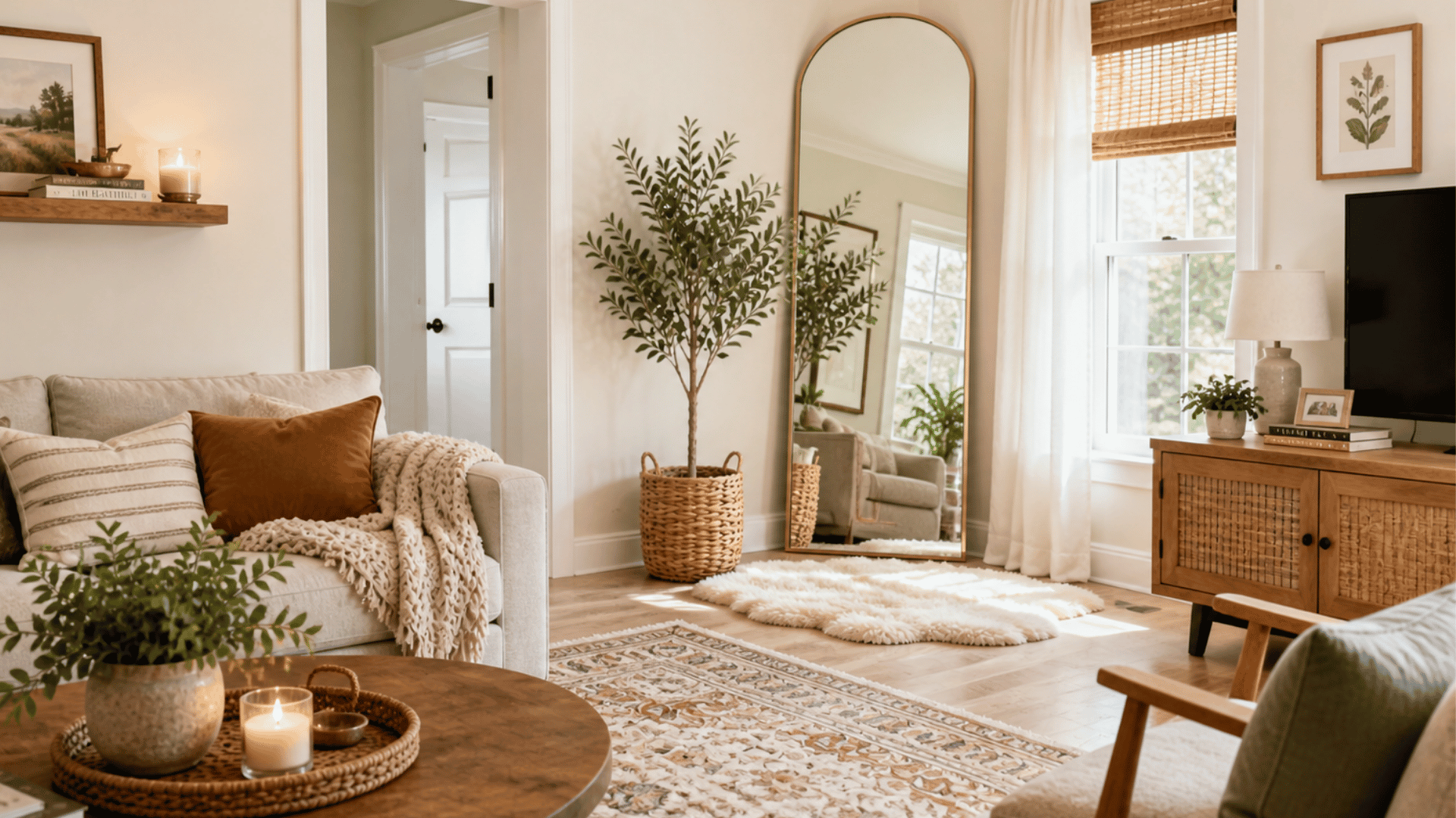 bright cozy living room with tall mirror in corner soft rug wooden furniture and warm natural light coming through window