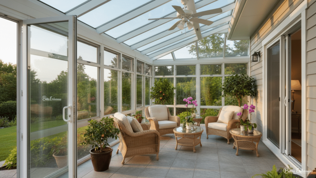 bright glass sunroom with wicker chairs and plants