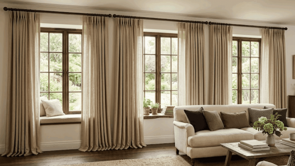 bright living room with beige curtains beside large windows and cozy cream sofa