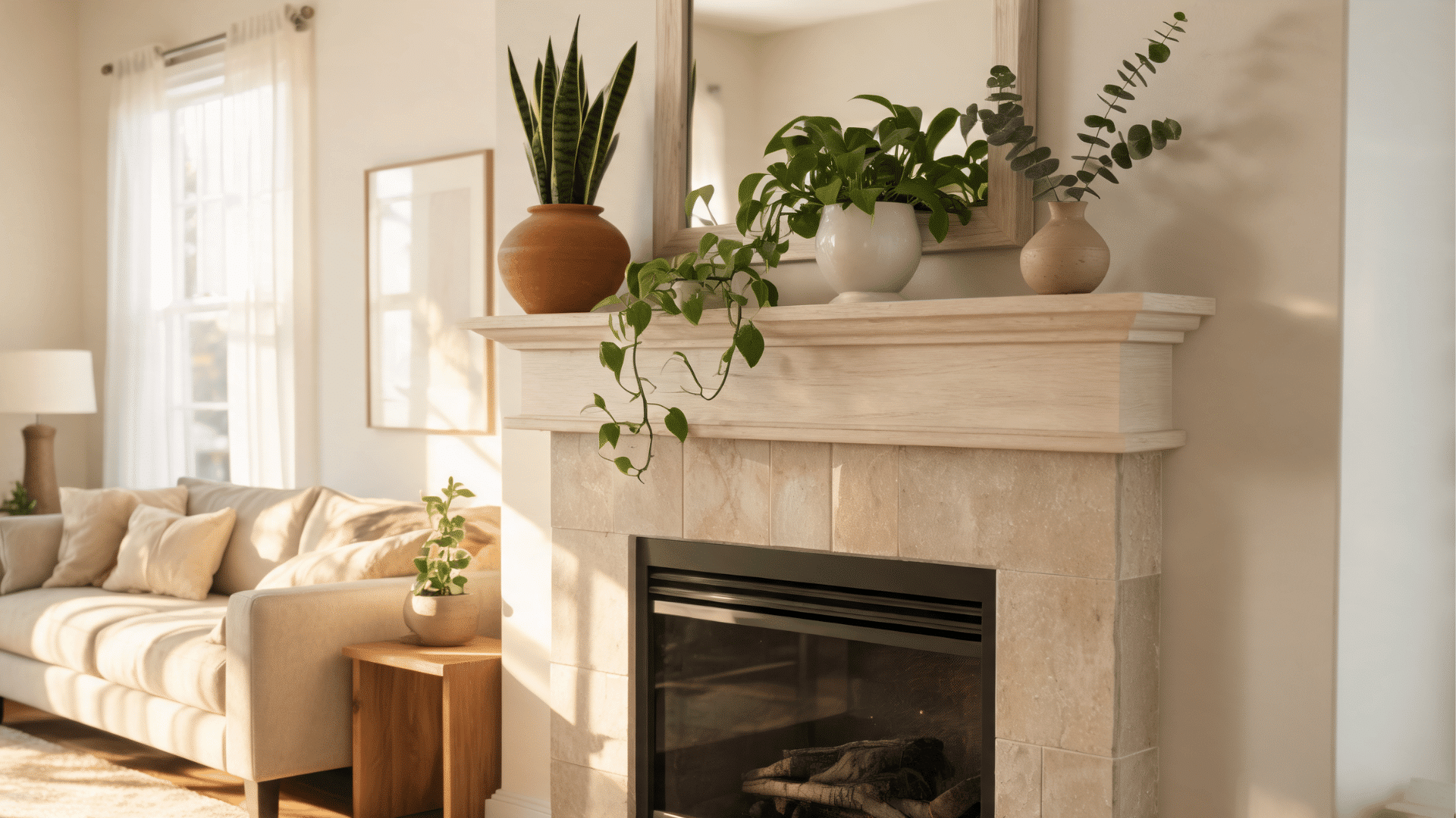 bright living room with modern fireplace indoor plants soft beige sofa and warm natural sunlight