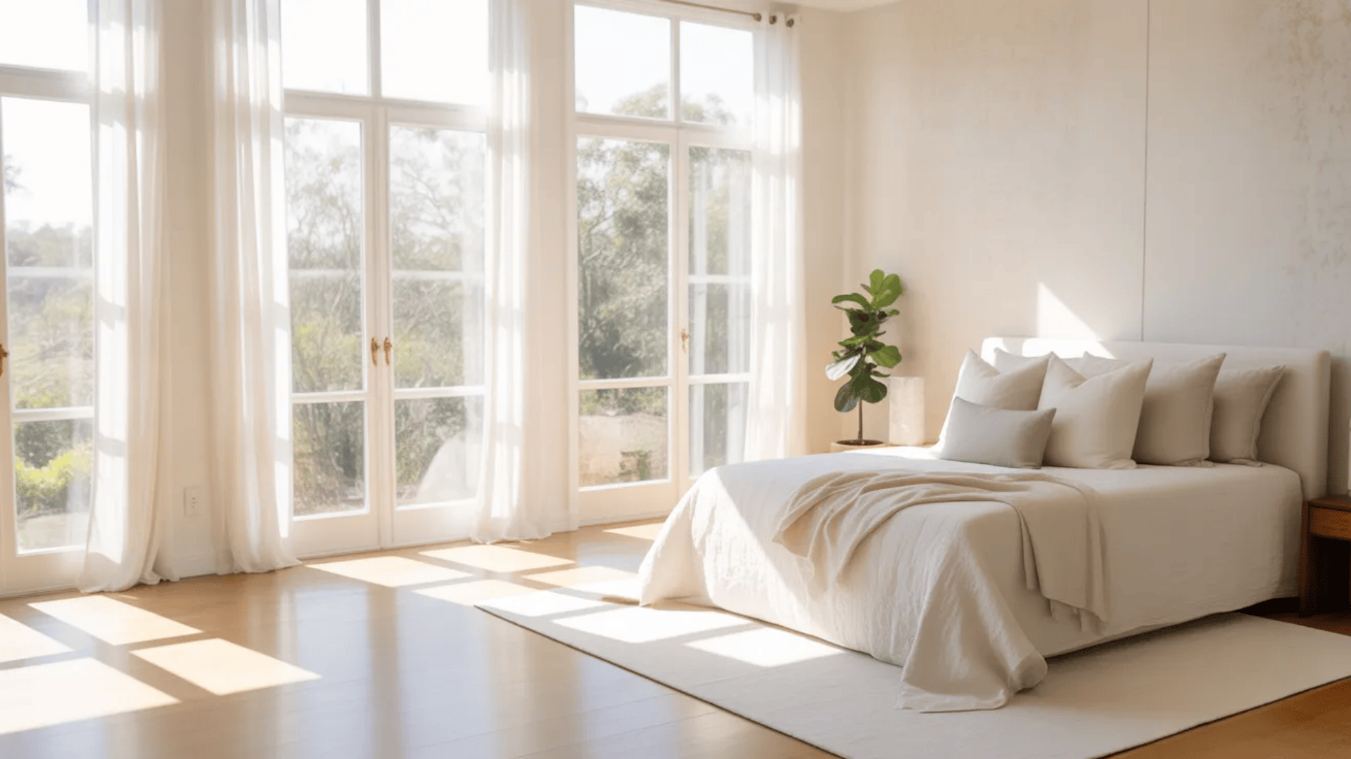 bright minimalist bedroom with large windows soft white bedding natural light and plant decor showing airy modern spare bedroom ideas for guests