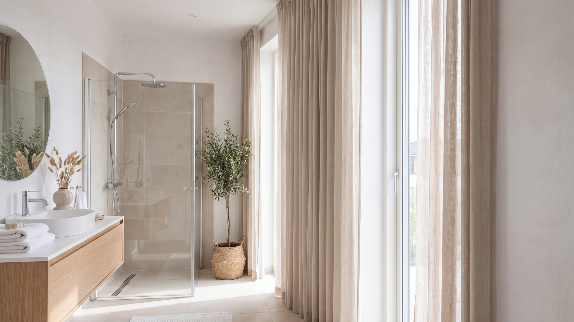 bright modern bathroom with long beige curtains frameless glass shower floating wood vanity and soft natural sunlight
