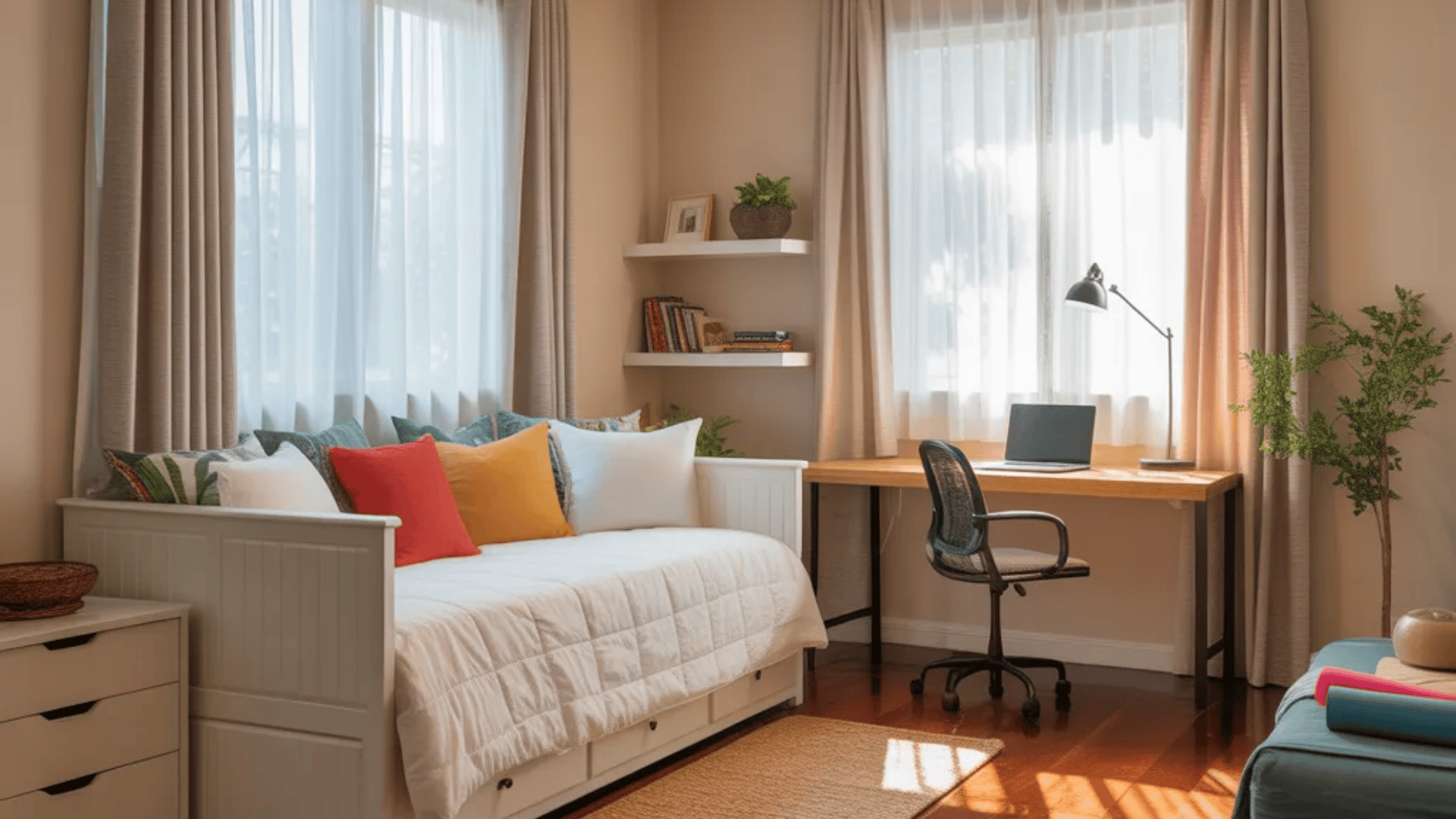 bright multifunctional guest room with daybed colorful pillows desk and large windows showing creative spare bedroom ideas for work and sleep